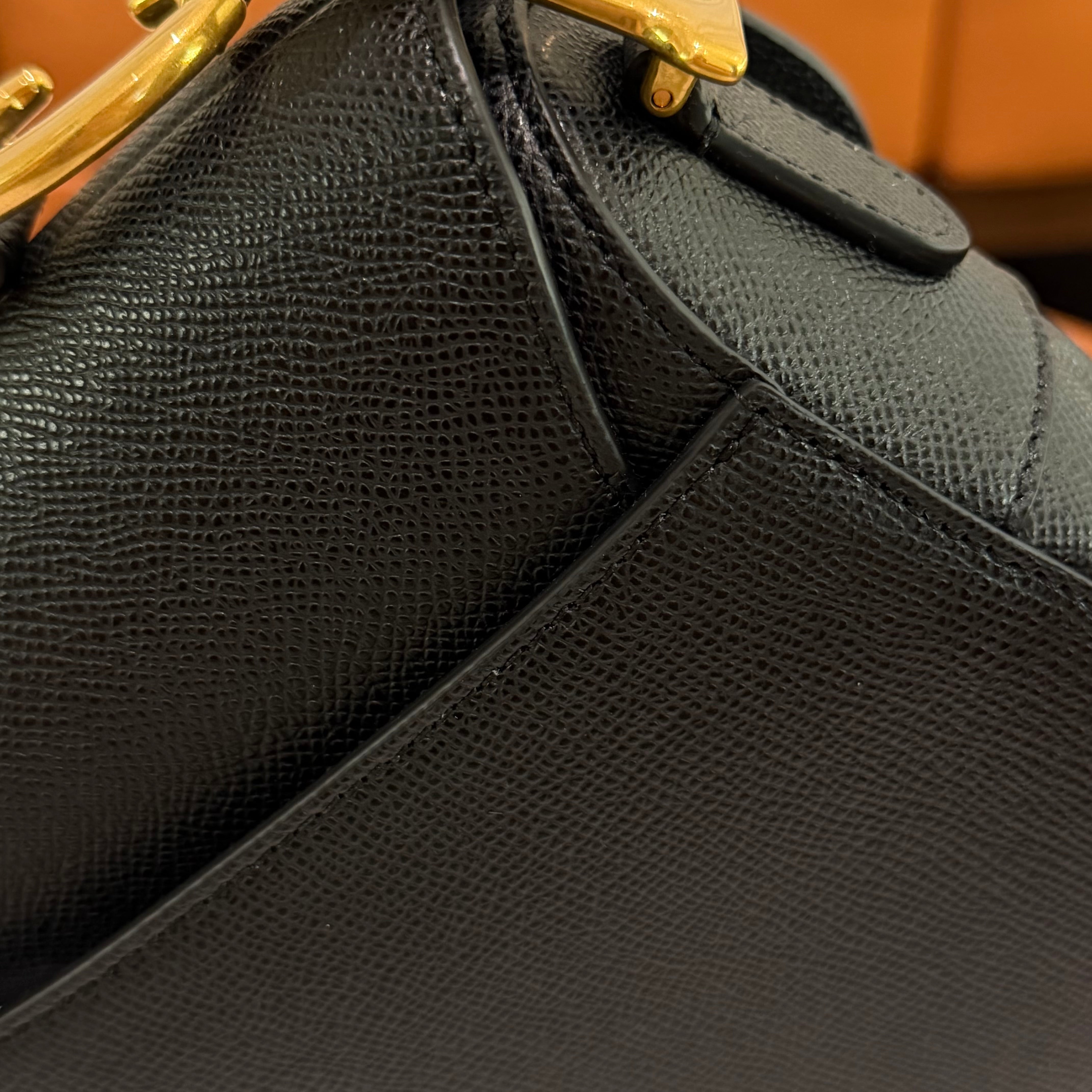Dior Saddle Medium Black Grained Leather with Gold Hardware Top Handle & Shoulder Bag