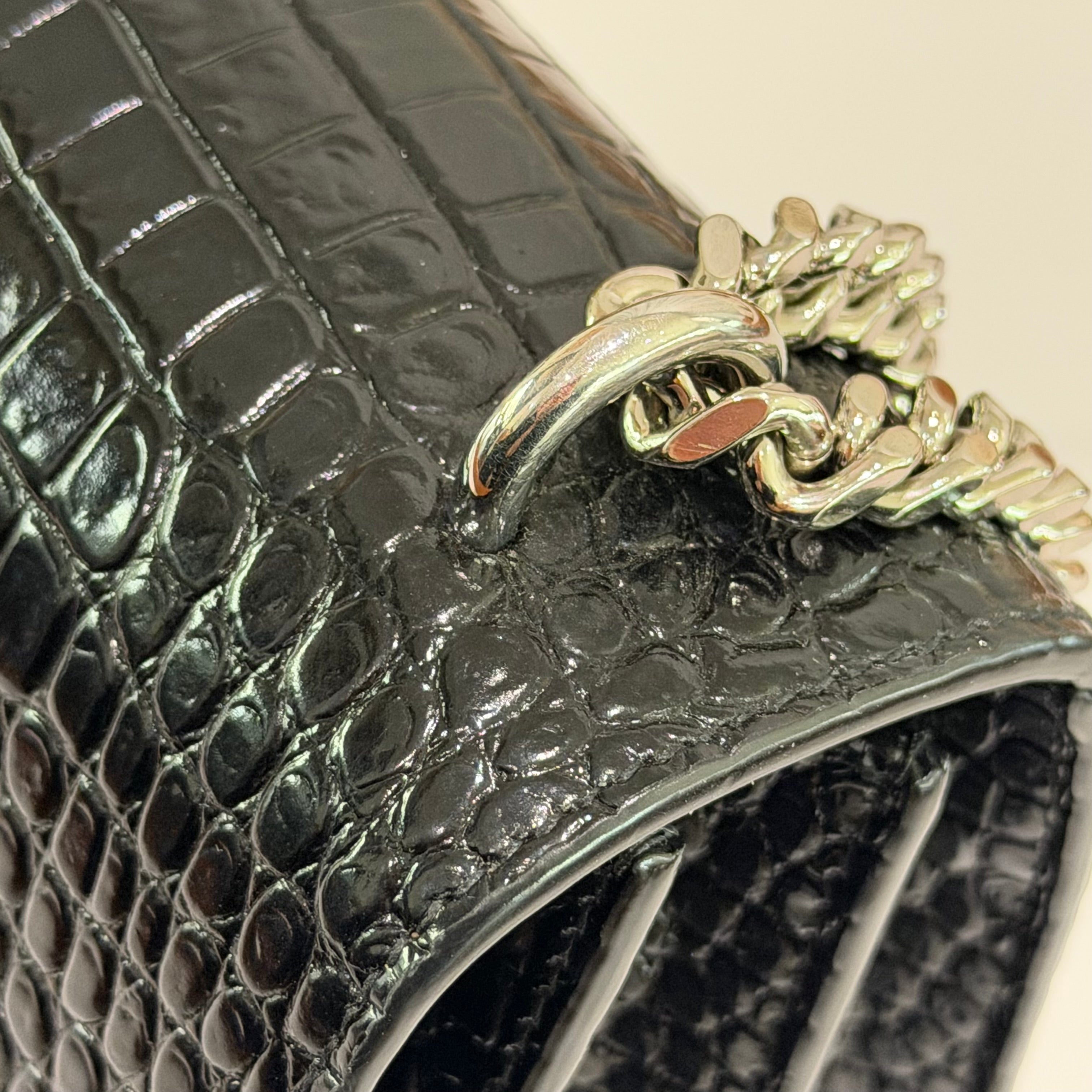 SAINT LAURENT SUNSET MEDIUM BLACK CROCODILE-EMBOSSED SHOULDER BAG