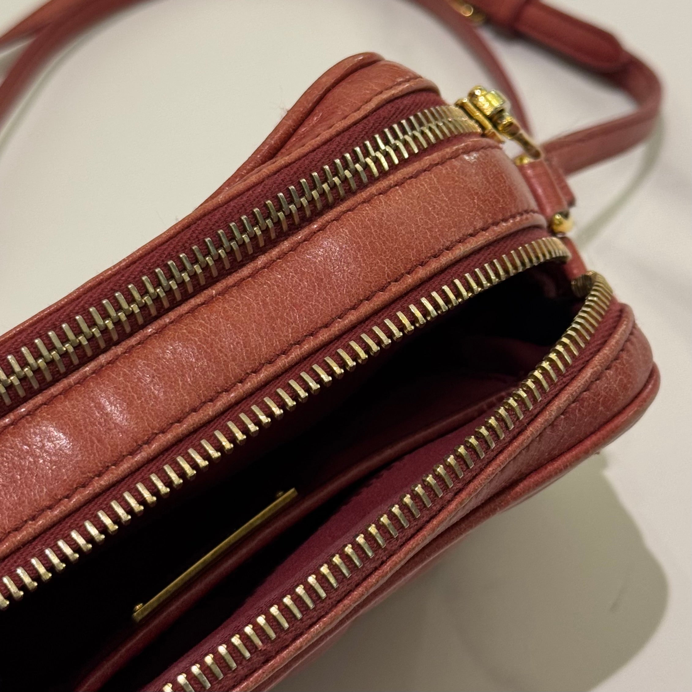 MIU MIU BRICK RED QUILTED BOX CAMERA BAG IN OILED CALFSKIN