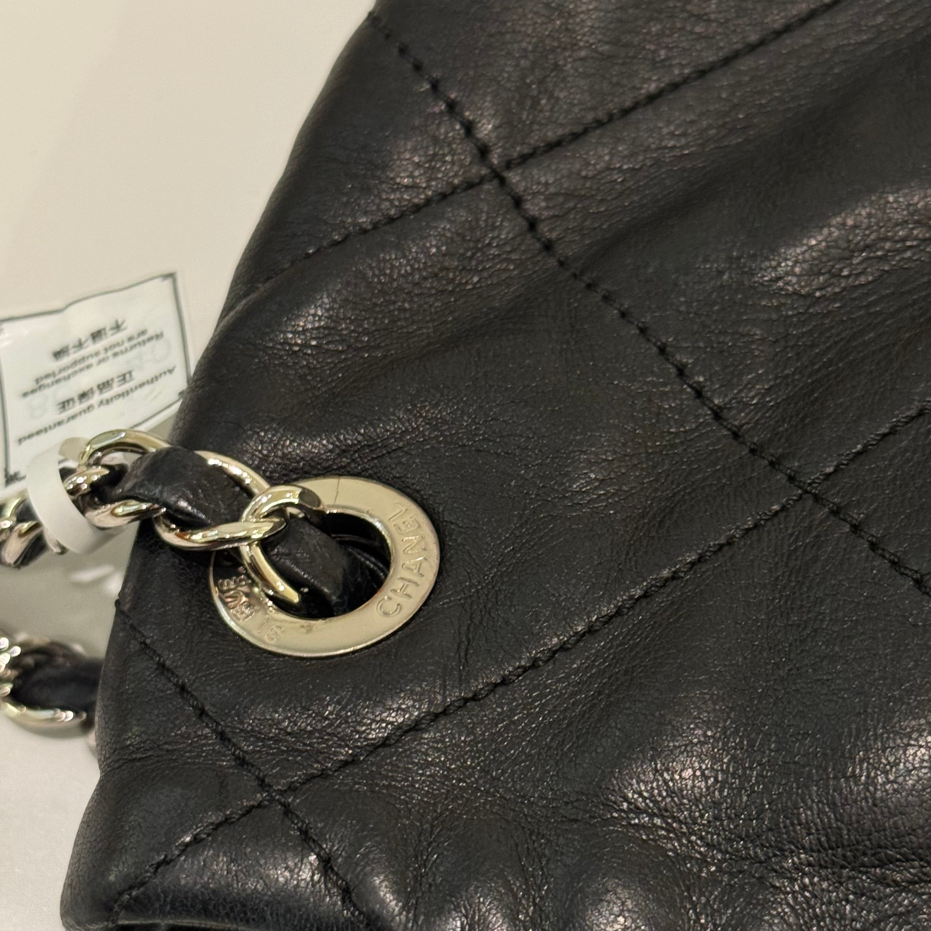 CHANEL SHOULDER BAG BLACK LAMBSKIN WITH SILVER HARDWARE STRUCTURED BASE