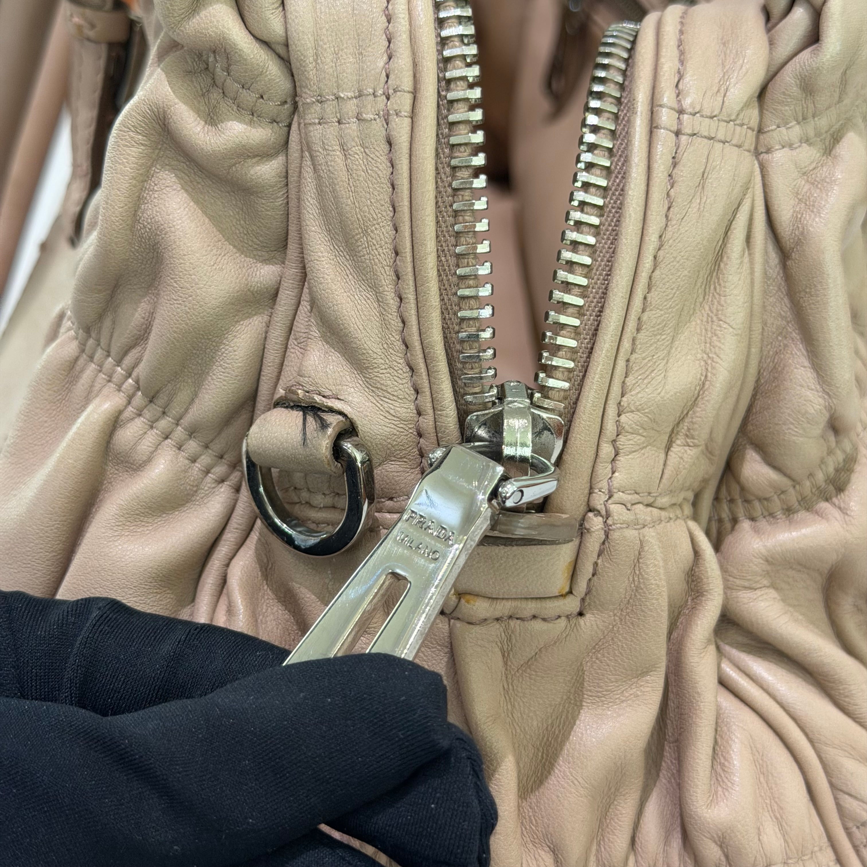 Prada Beige Gathered Leather Top Handle Bag with Silver Hardware