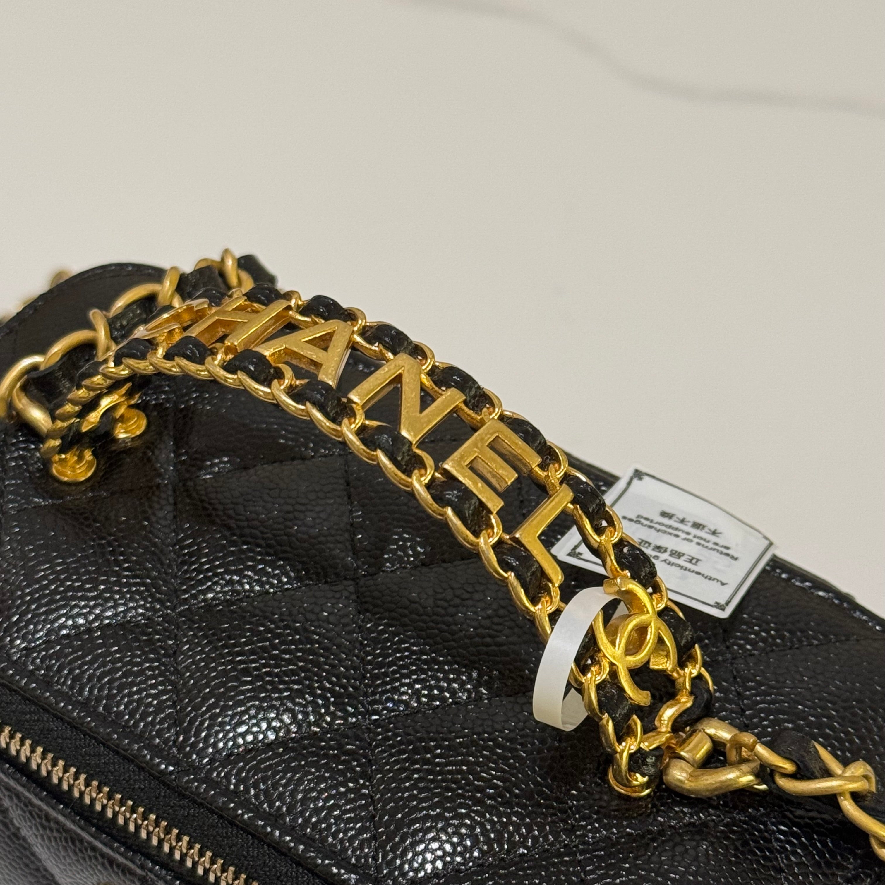 CHANEL MAKEUP BAG WITH HANDLE BLACK CAVIAR LEATHER