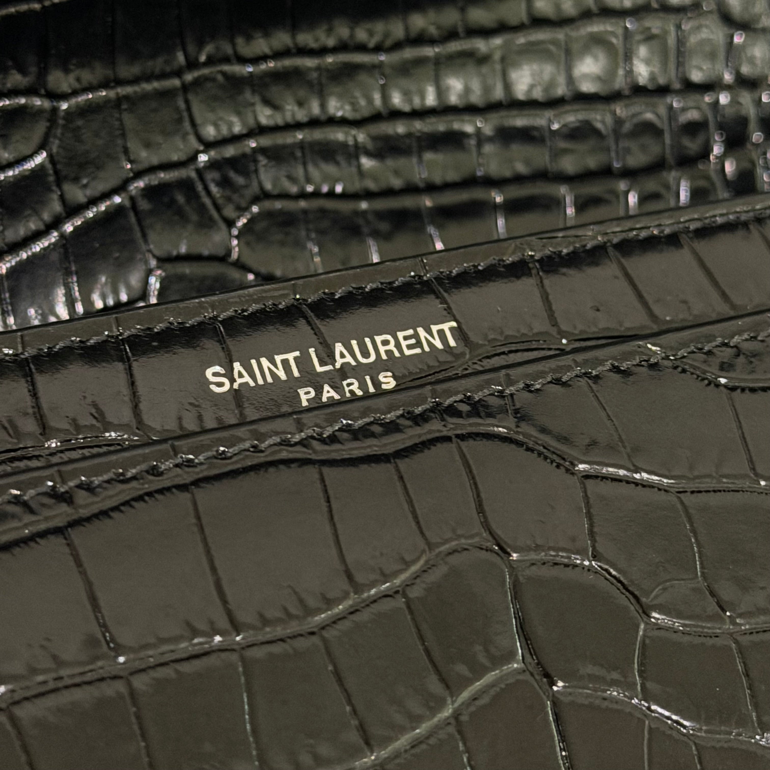 SAINT LAURENT SUNSET MEDIUM BLACK CROCODILE-EMBOSSED SHOULDER BAG