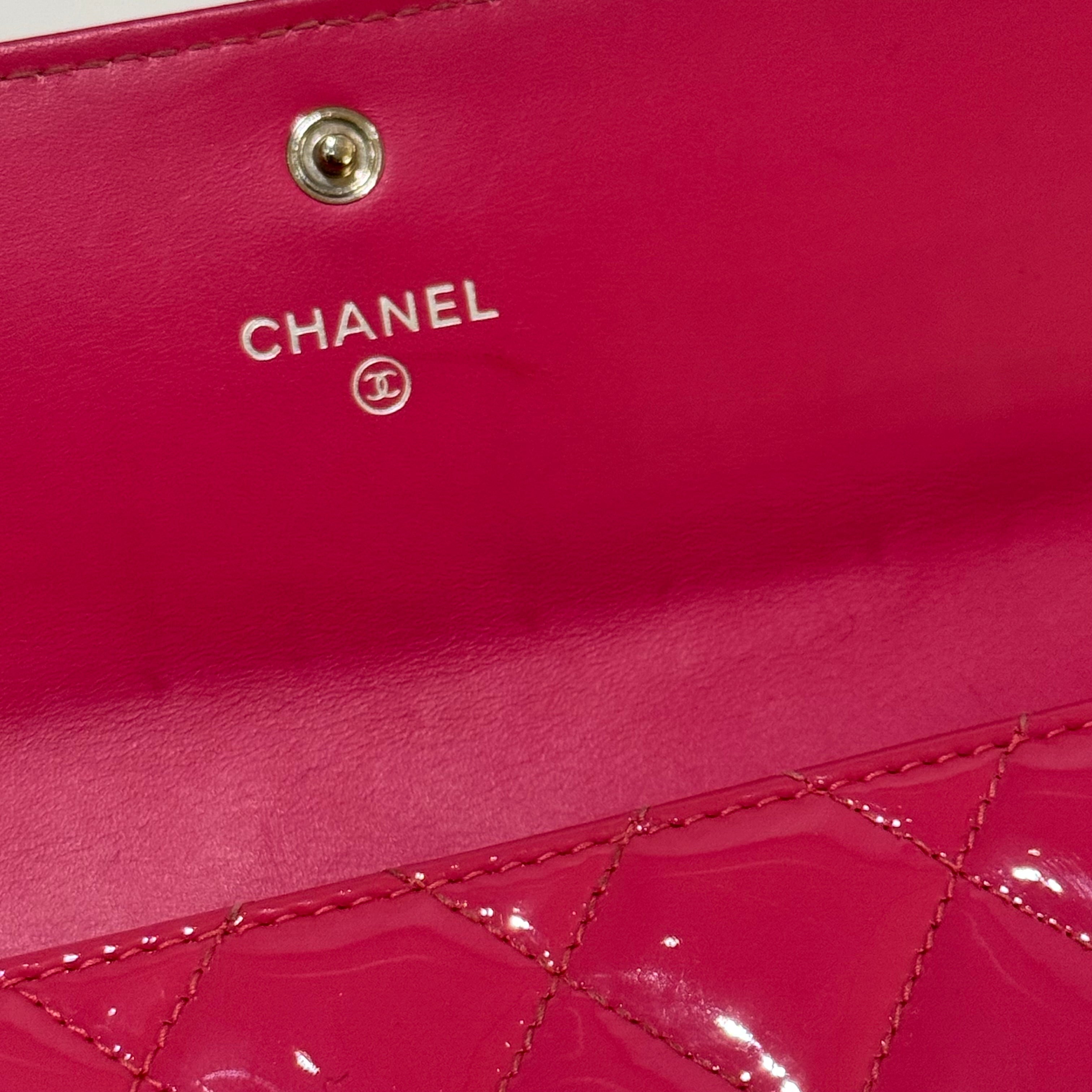 CHANEL LONG WALLET PATENT LEATHER FUCHSIA WITH SILVER HARDWARE