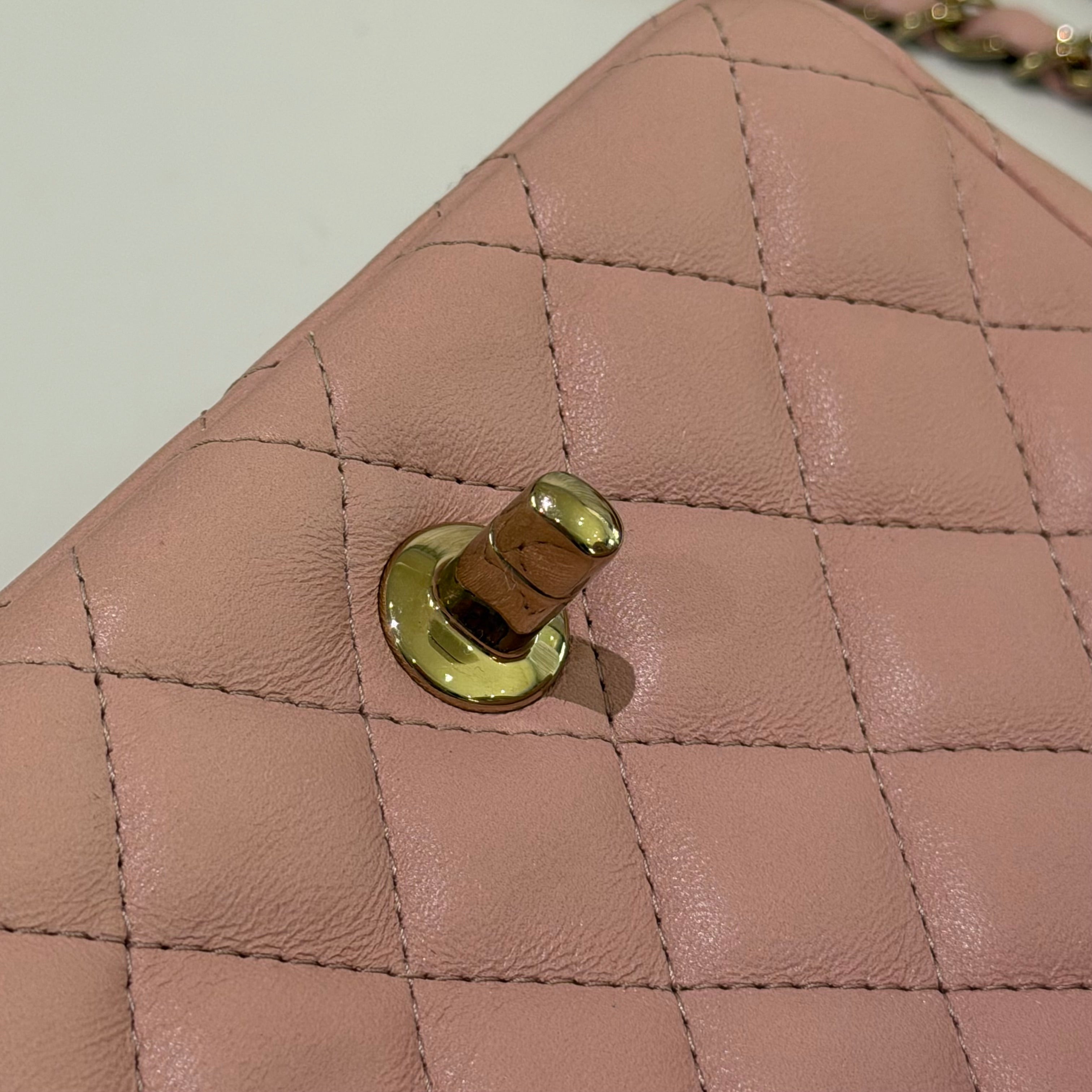 CHANEL CLASSIC FLAP MINI RECTANGULAR PINK LAMBSKIN WITH GOLD HARDWARE (CHIP MODEL)