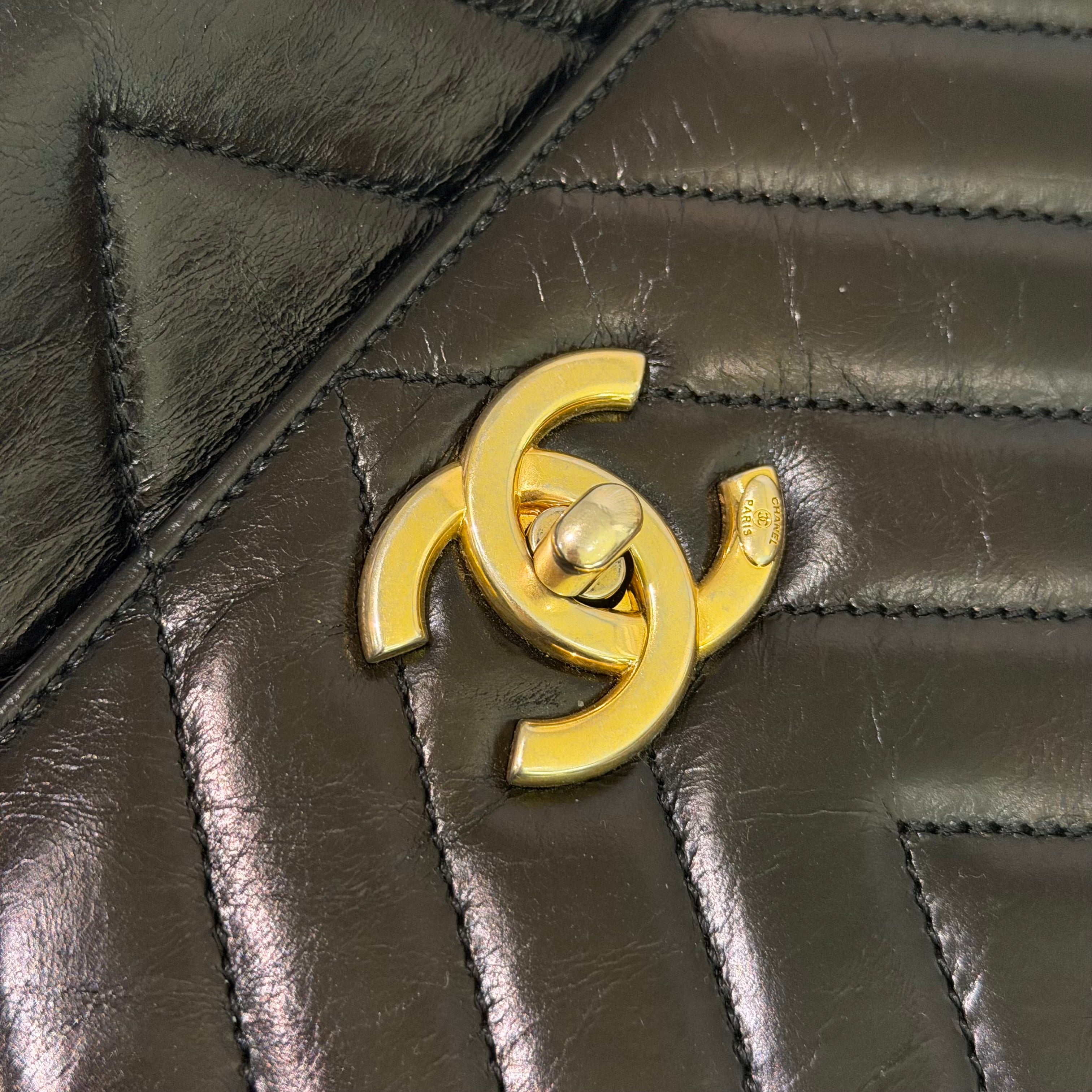Chanel Coco Handle Medium Black Calfskin V-Quilted with Gold Hardware