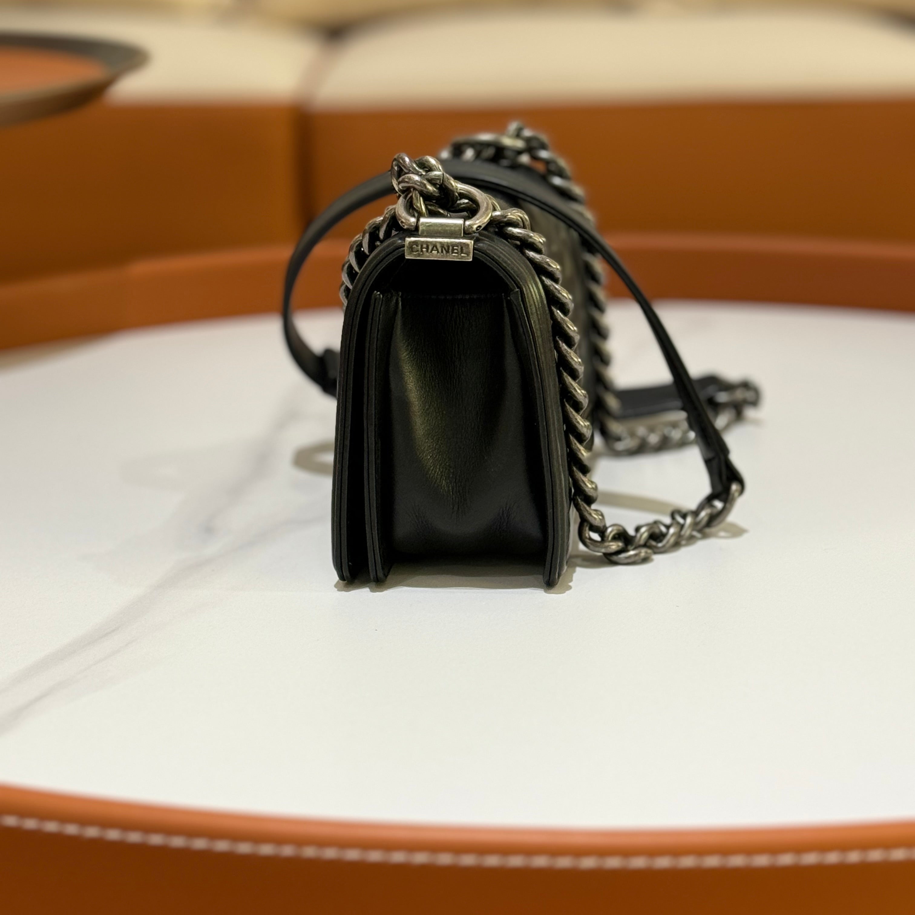 CHANEL LEBOY SMALL IN BLACK WITH SILVER CHAIN | COLLINS RAIN