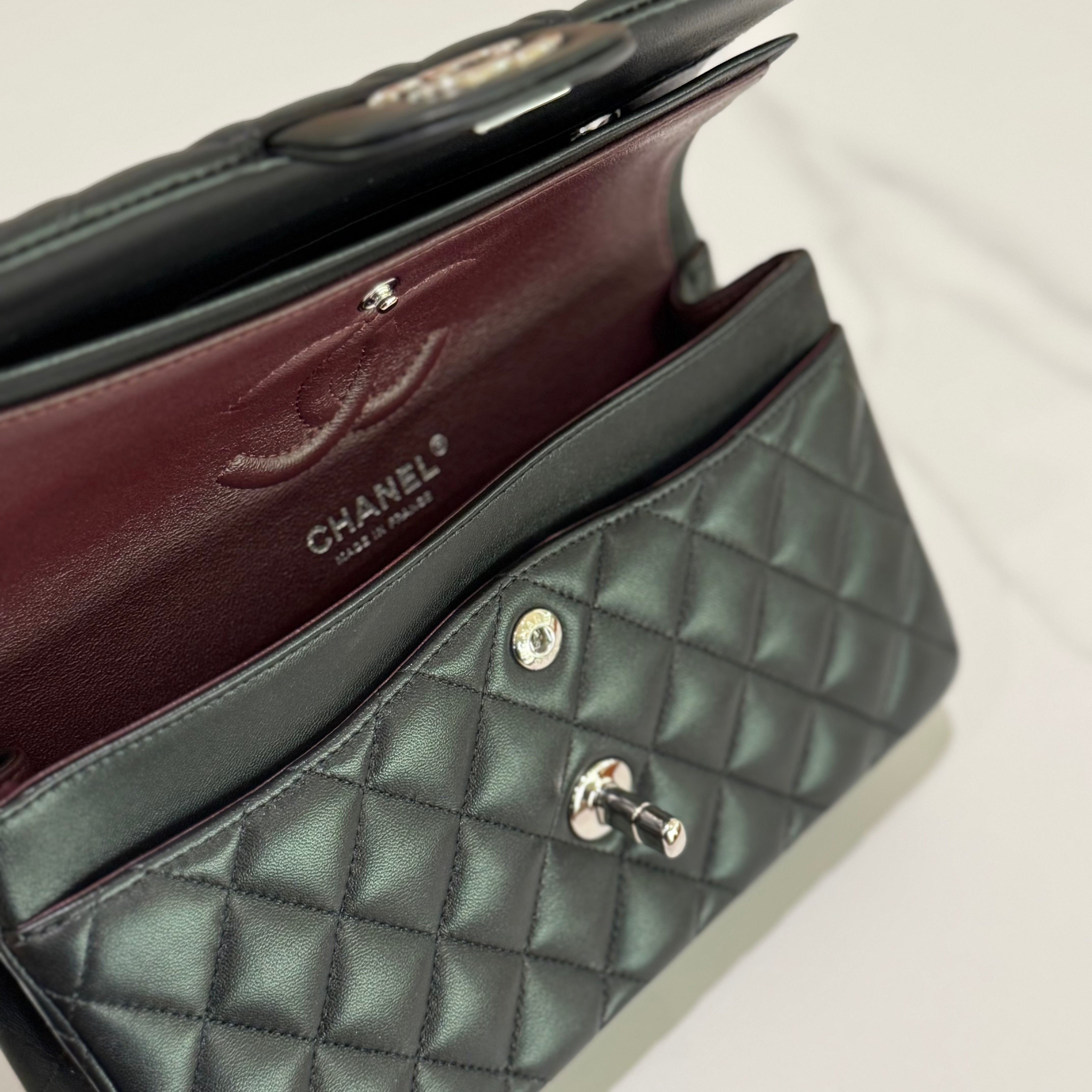 CHANEL CF SMALL BLACK LAMBSKIN WITH SILVER HARDWARE – AUTHENTICITY CARD MODEL