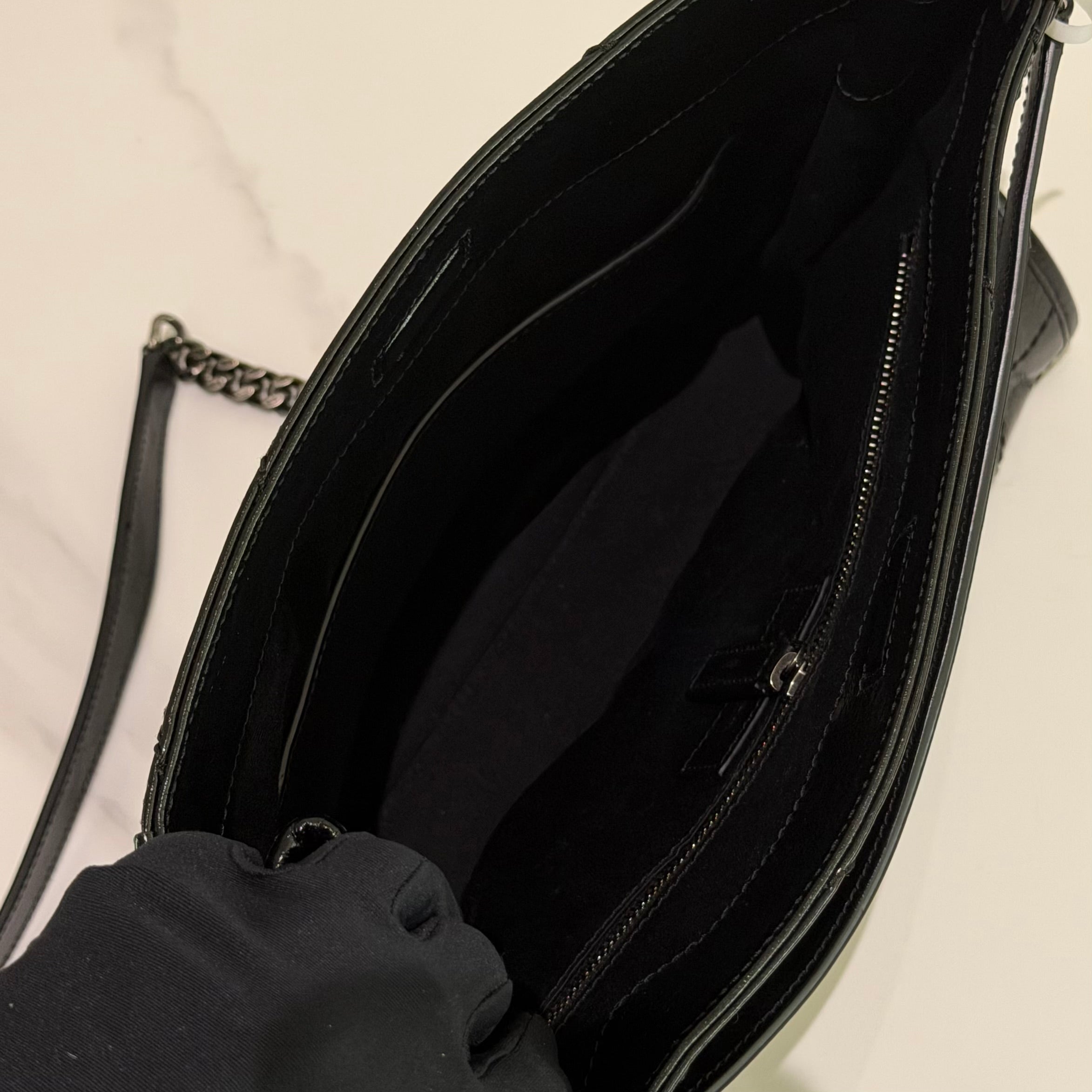 Saint Laurent Niki Shopping Bag Black Crinkled Leather with Silver Chain