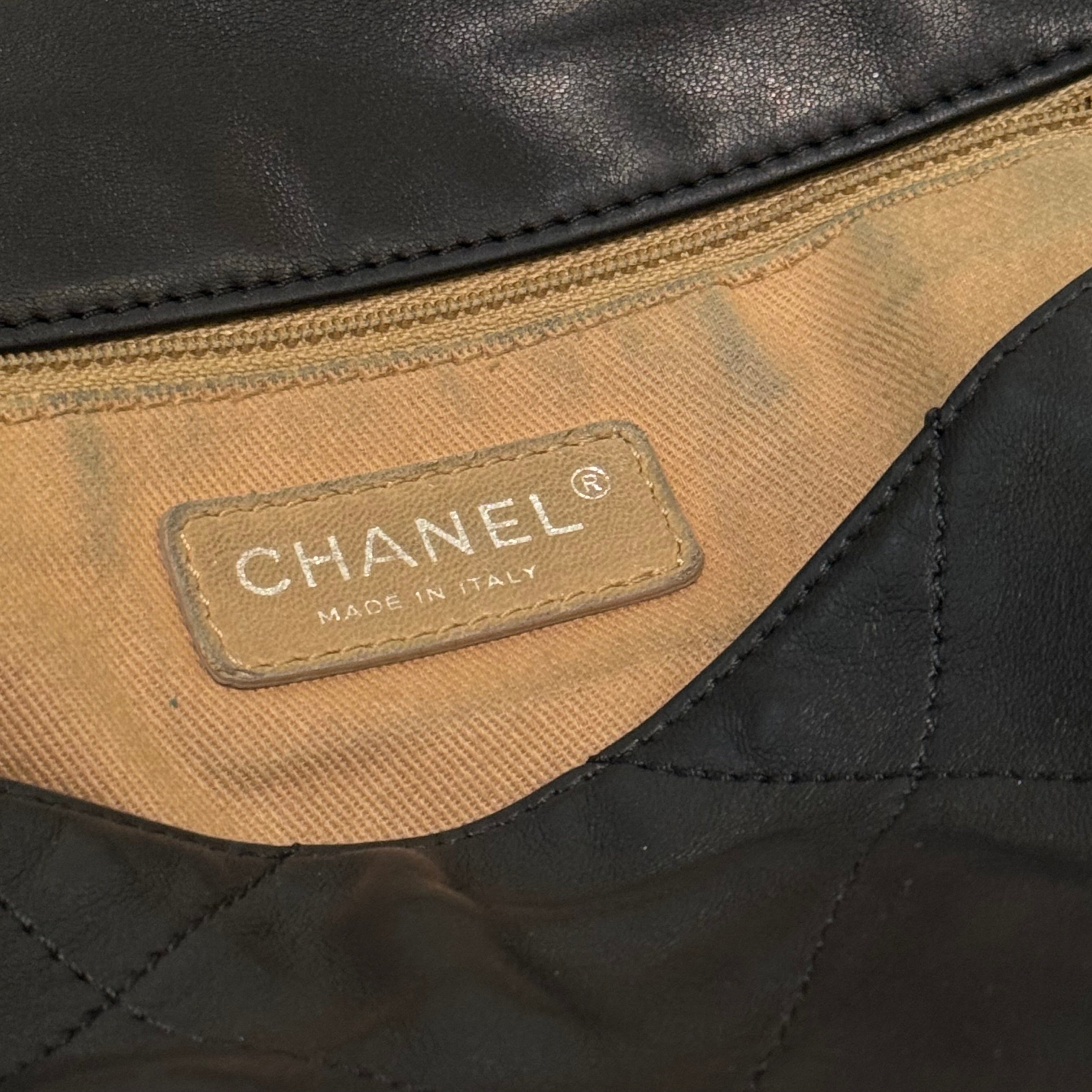 CHANEL SHOULDER BAG BLACK LAMBSKIN WITH SILVER HARDWARE STRUCTURED BASE