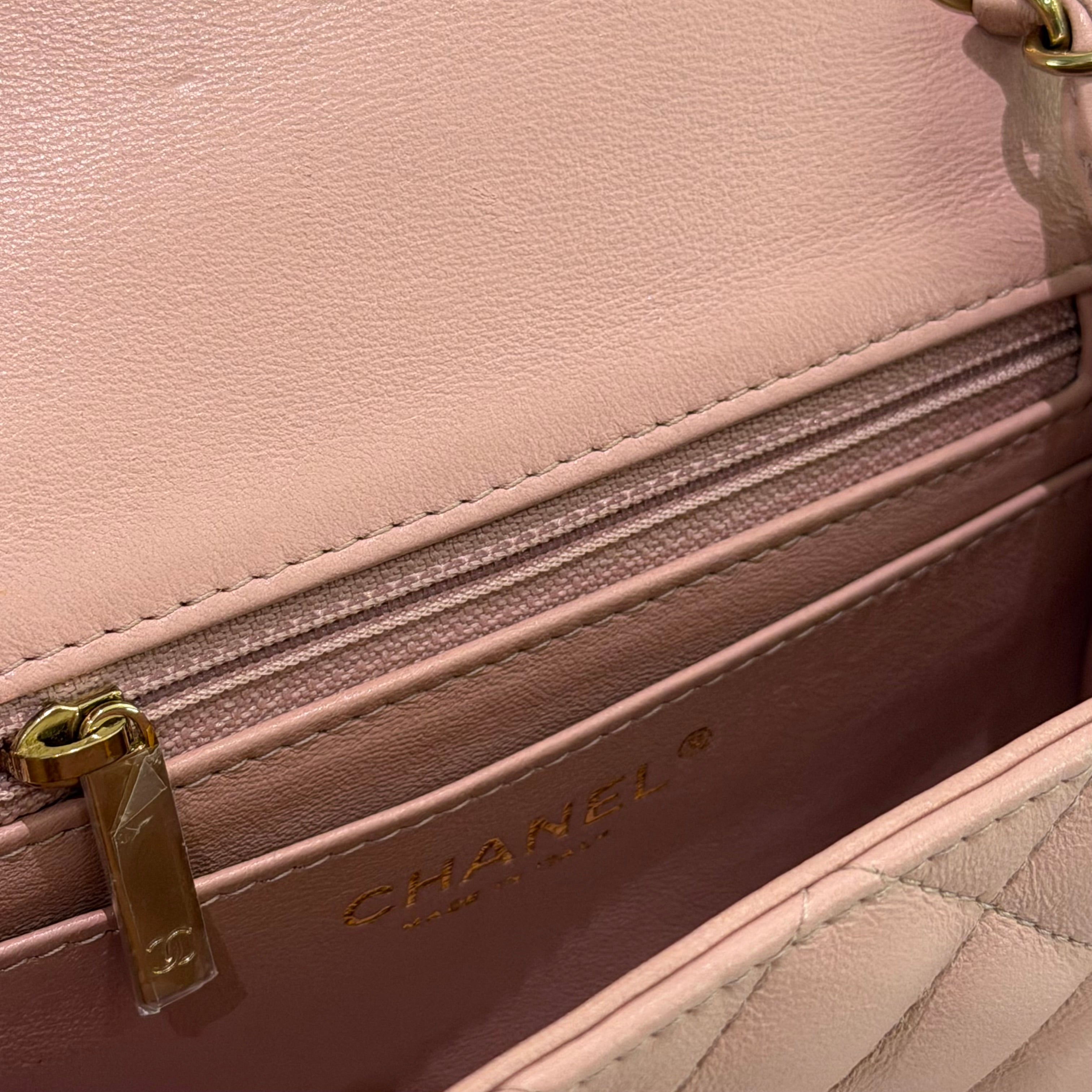 CHANEL CLASSIC FLAP MINI RECTANGULAR PINK LAMBSKIN WITH GOLD HARDWARE (CHIP MODEL)
