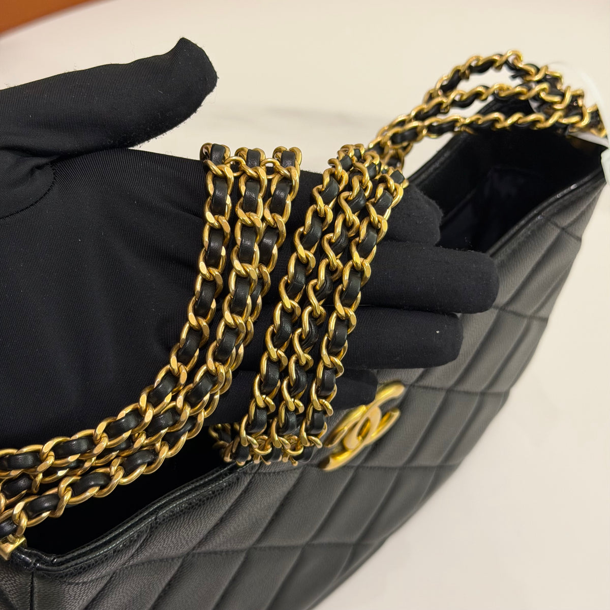 Chanel Hobo Bag Black Caviar Leather with Gold Hardware (Chip Model)