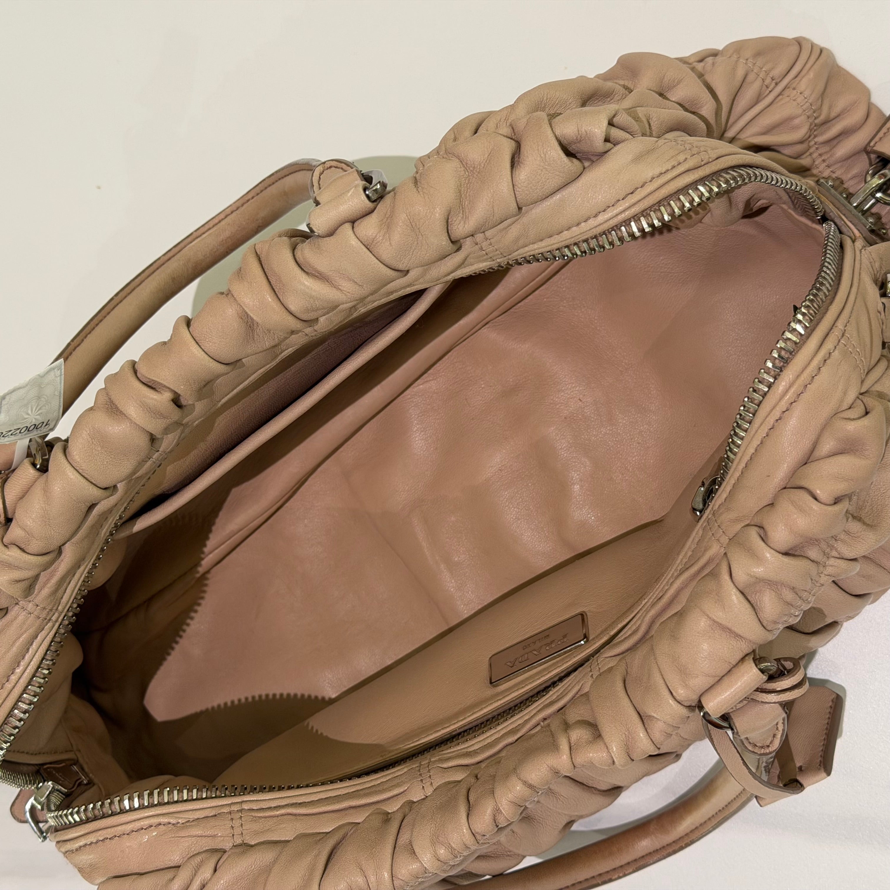 Prada Beige Gathered Leather Top Handle Bag with Silver Hardware