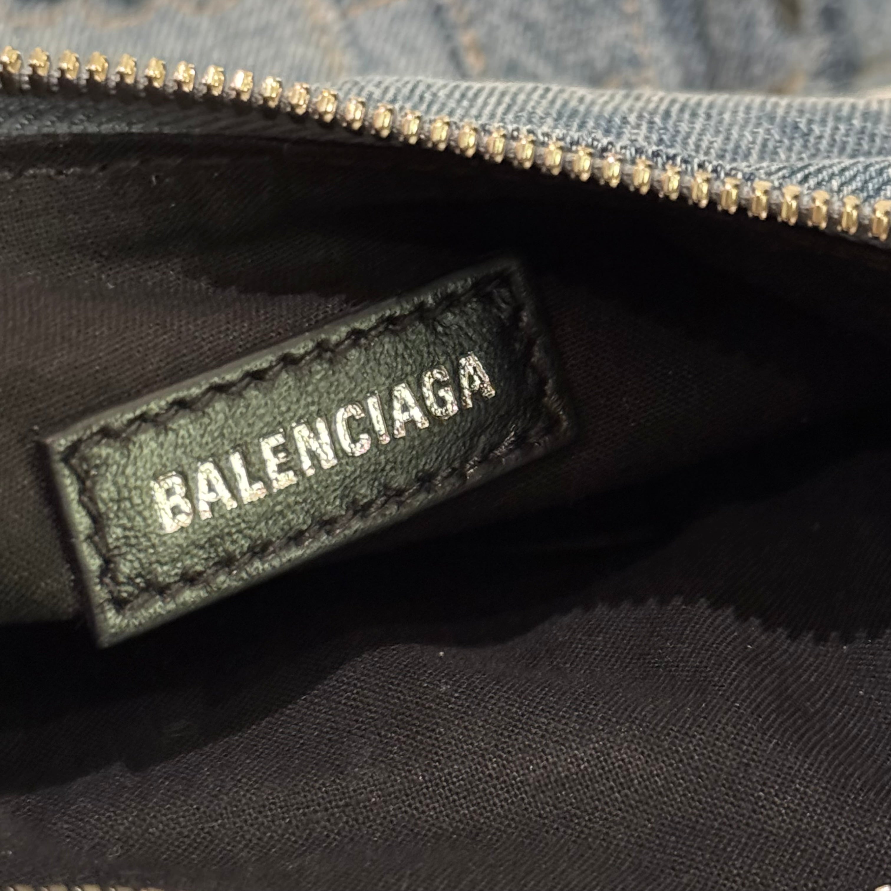 BALENCIAGA LE CAGOLE XS DENIM RHINESTONE MOON BAG