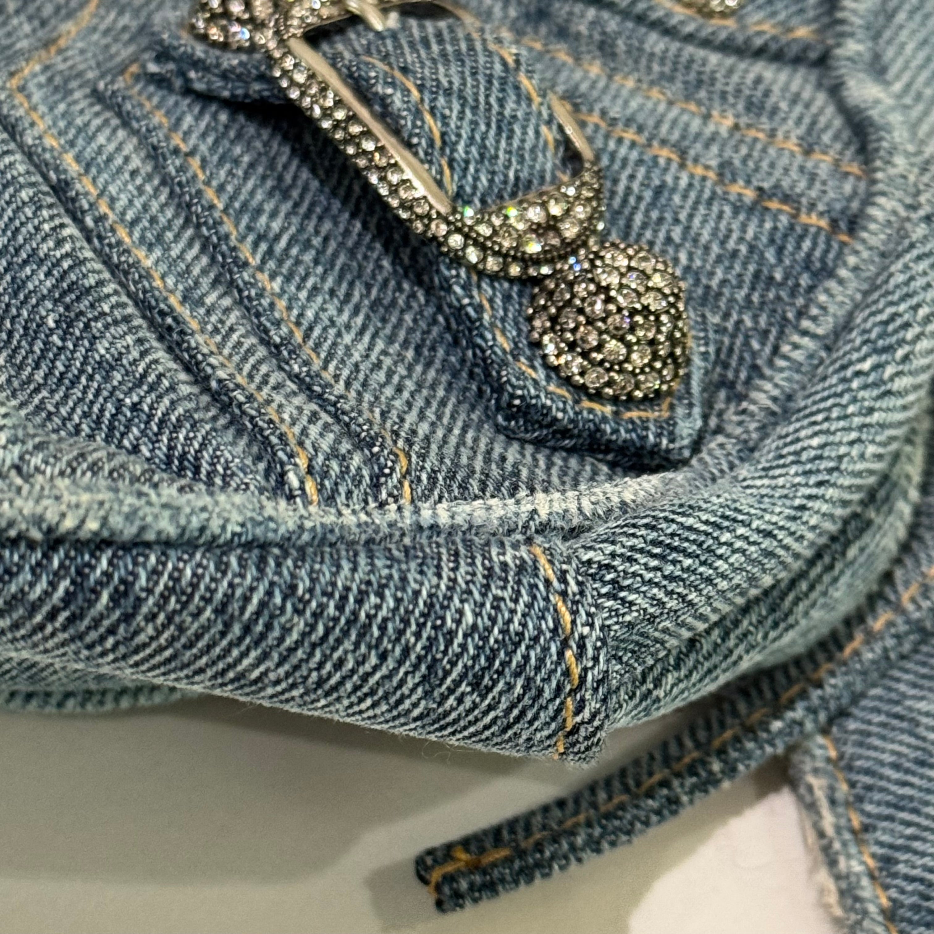 BALENCIAGA LE CAGOLE XS DENIM RHINESTONE MOON BAG