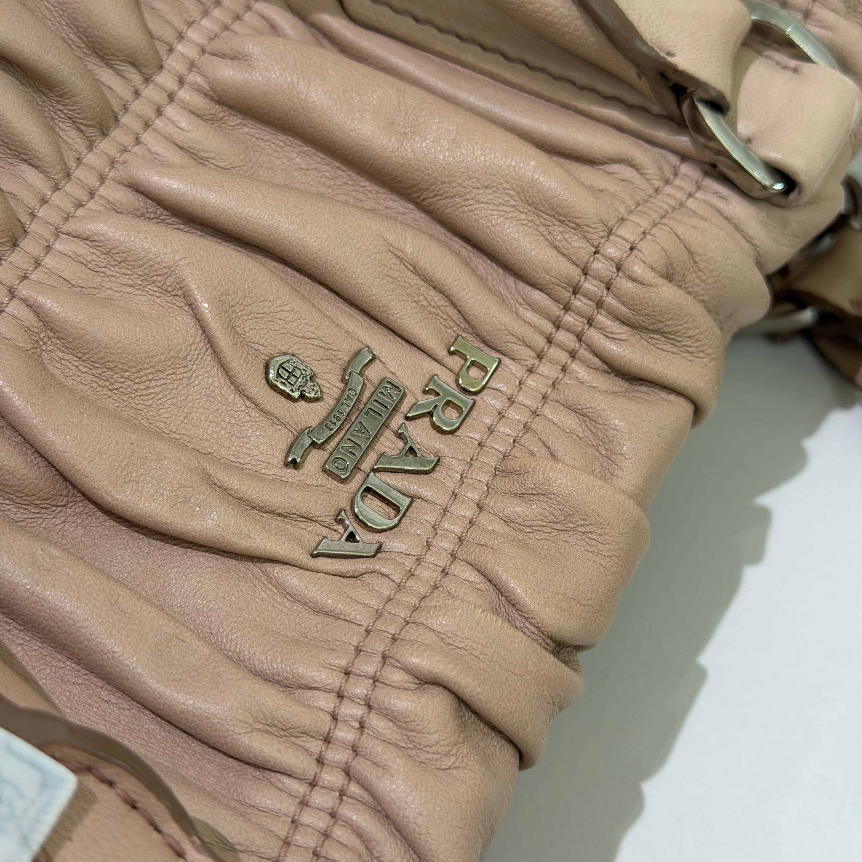 Prada Beige Gathered Leather Top Handle Bag with Silver Hardware