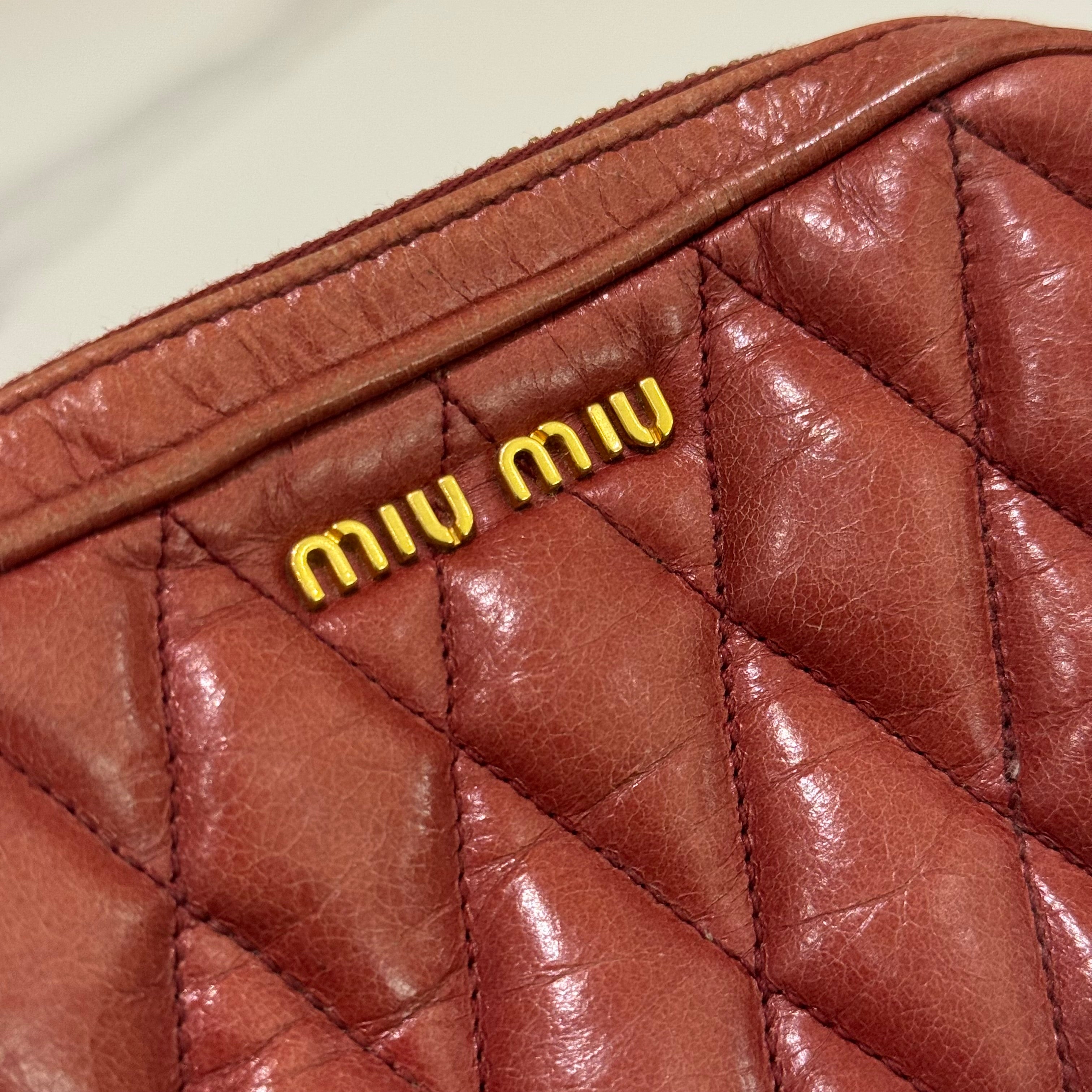 MIU MIU BRICK RED QUILTED BOX CAMERA BAG IN OILED CALFSKIN