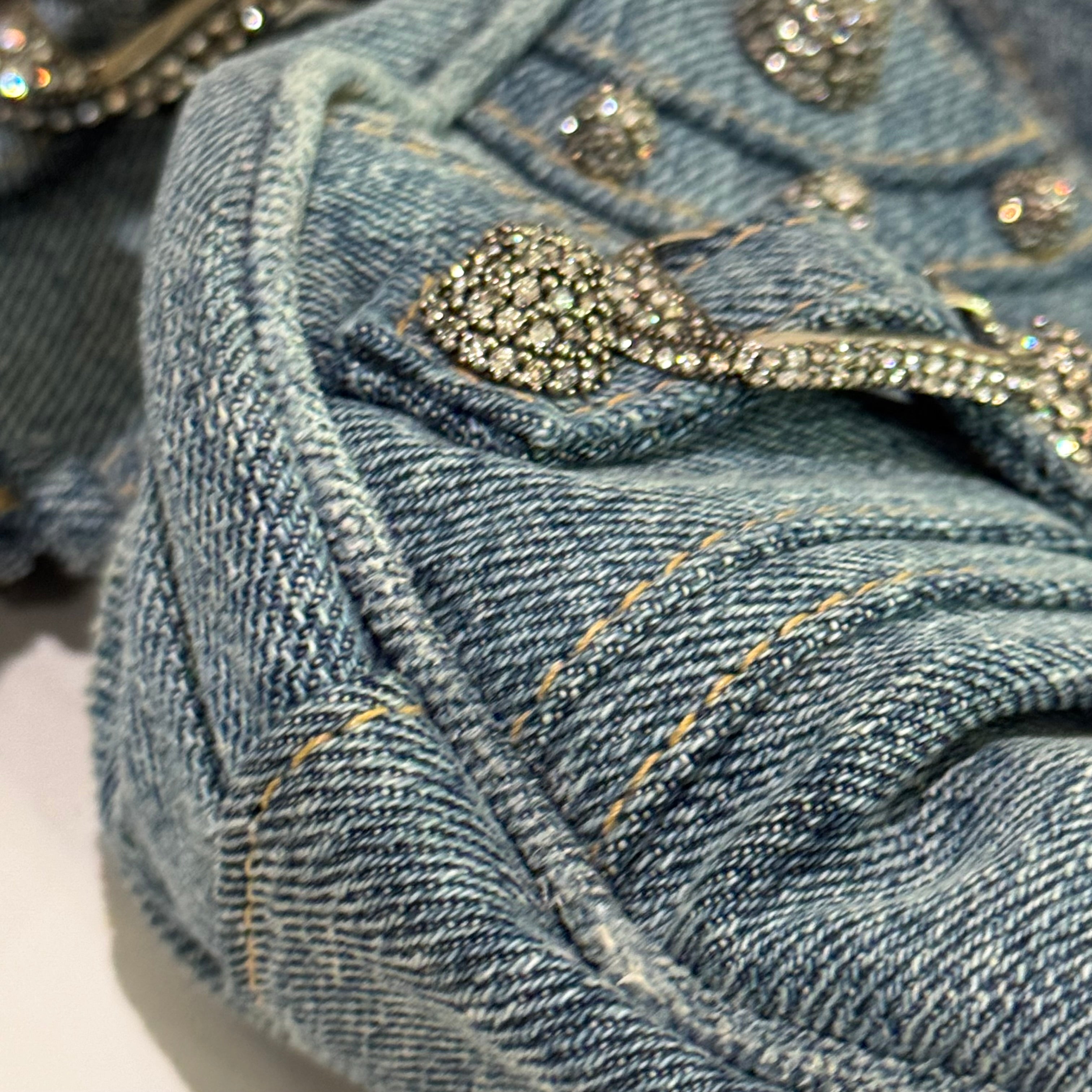 BALENCIAGA LE CAGOLE XS DENIM RHINESTONE MOON BAG