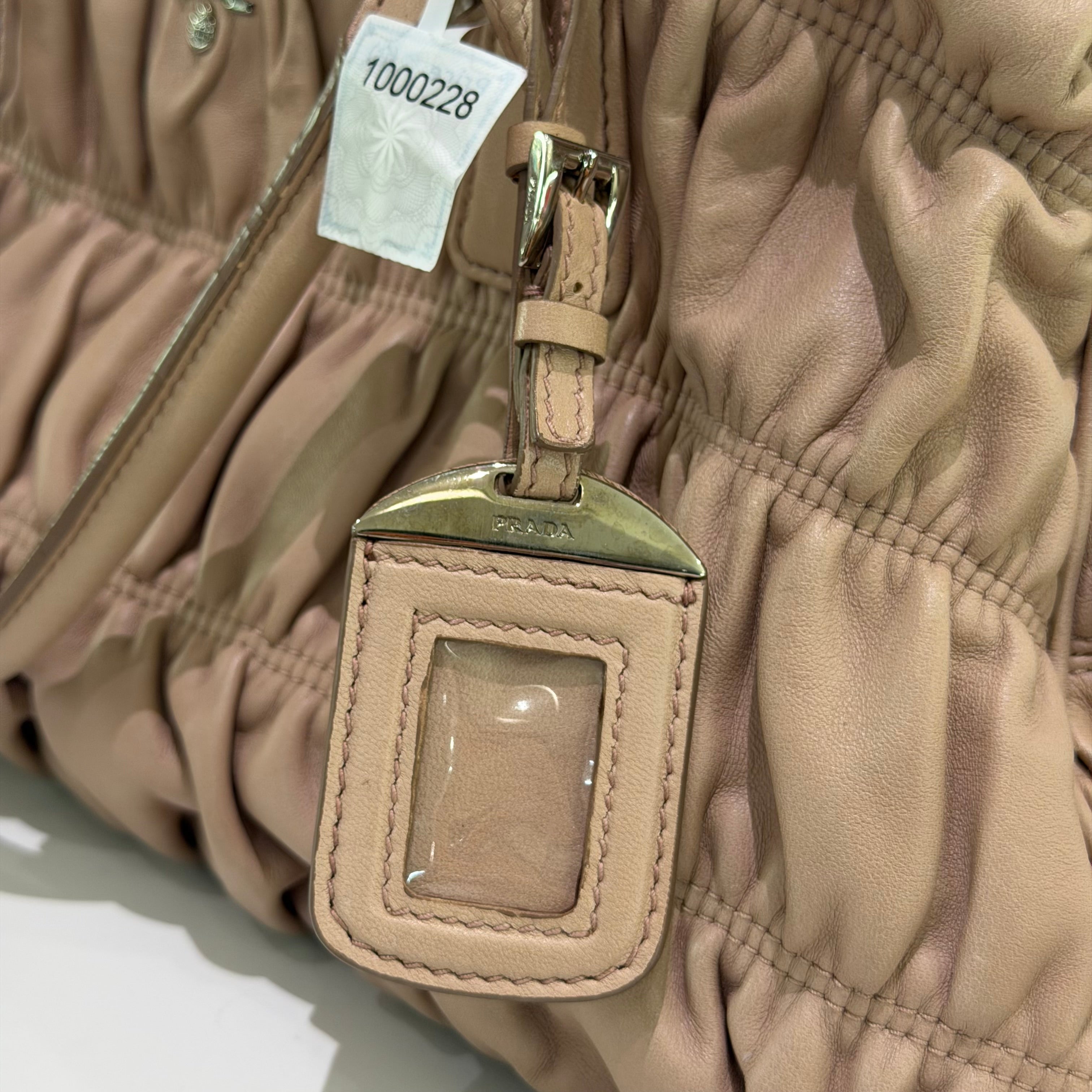 Prada Beige Gathered Leather Top Handle Bag with Silver Hardware
