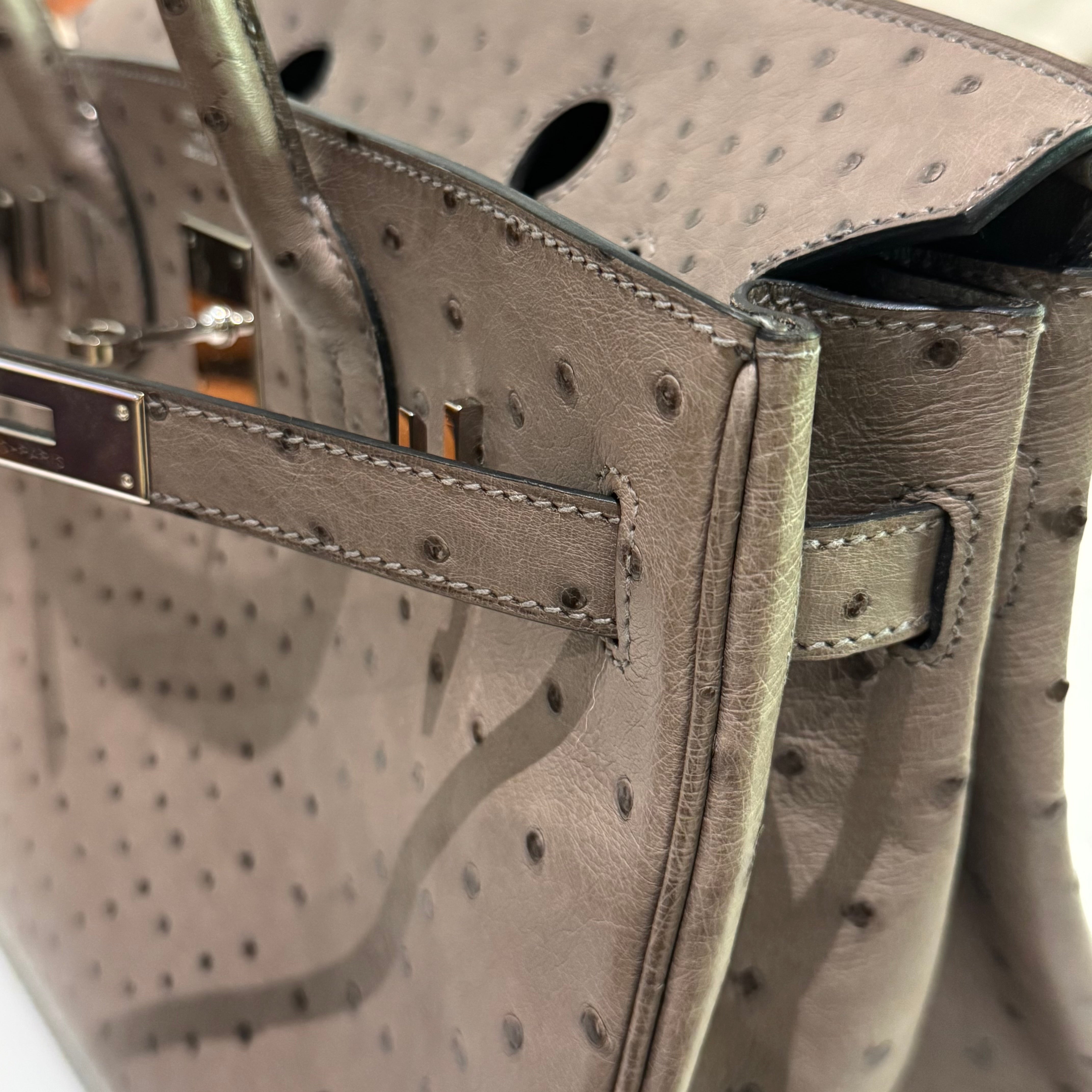 HERMÈS BIRKIN 30 OSTRICH LEATHER MOUSE GREY SILVER HARDWARE O STAMP
