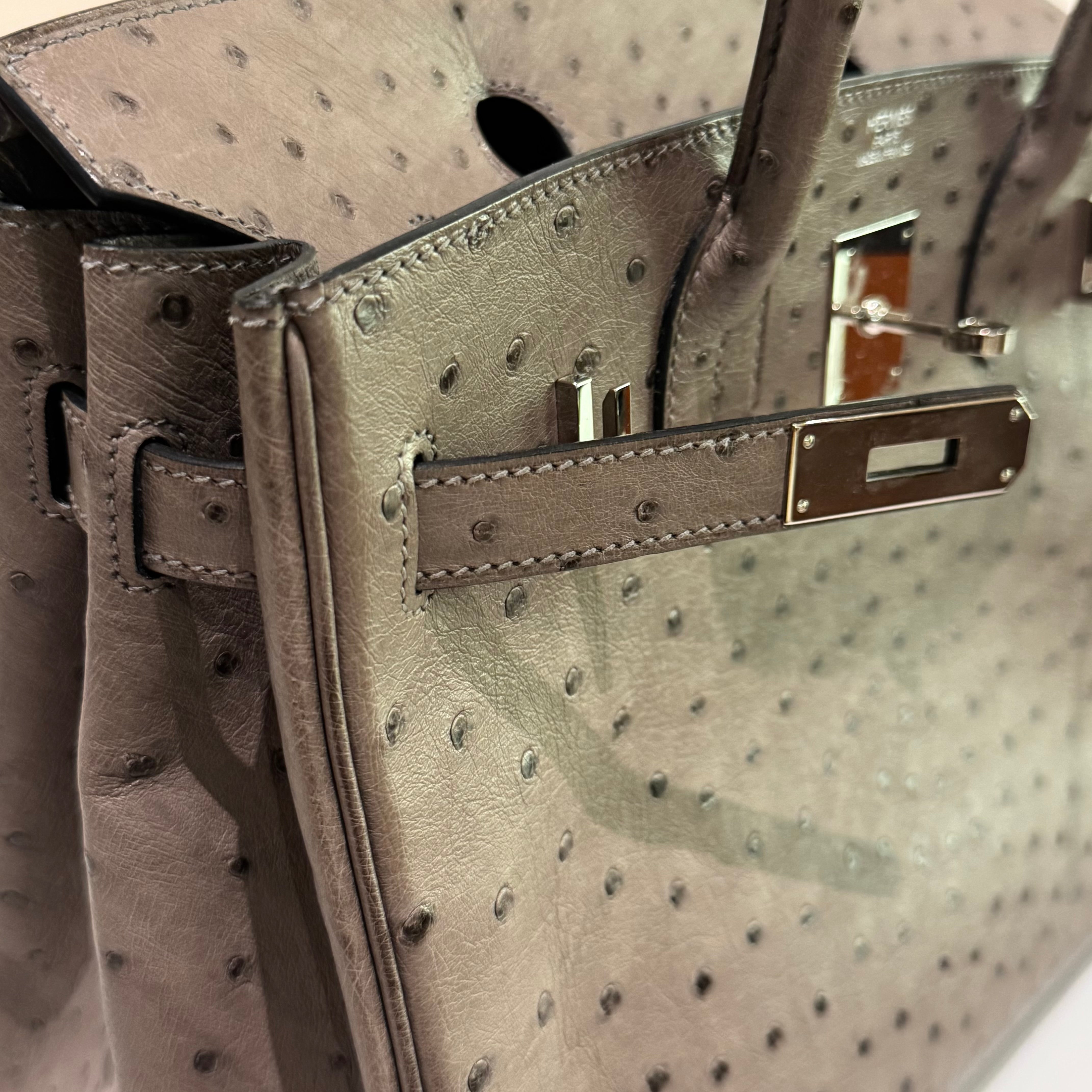 HERMÈS BIRKIN 30 OSTRICH LEATHER MOUSE GREY SILVER HARDWARE O STAMP