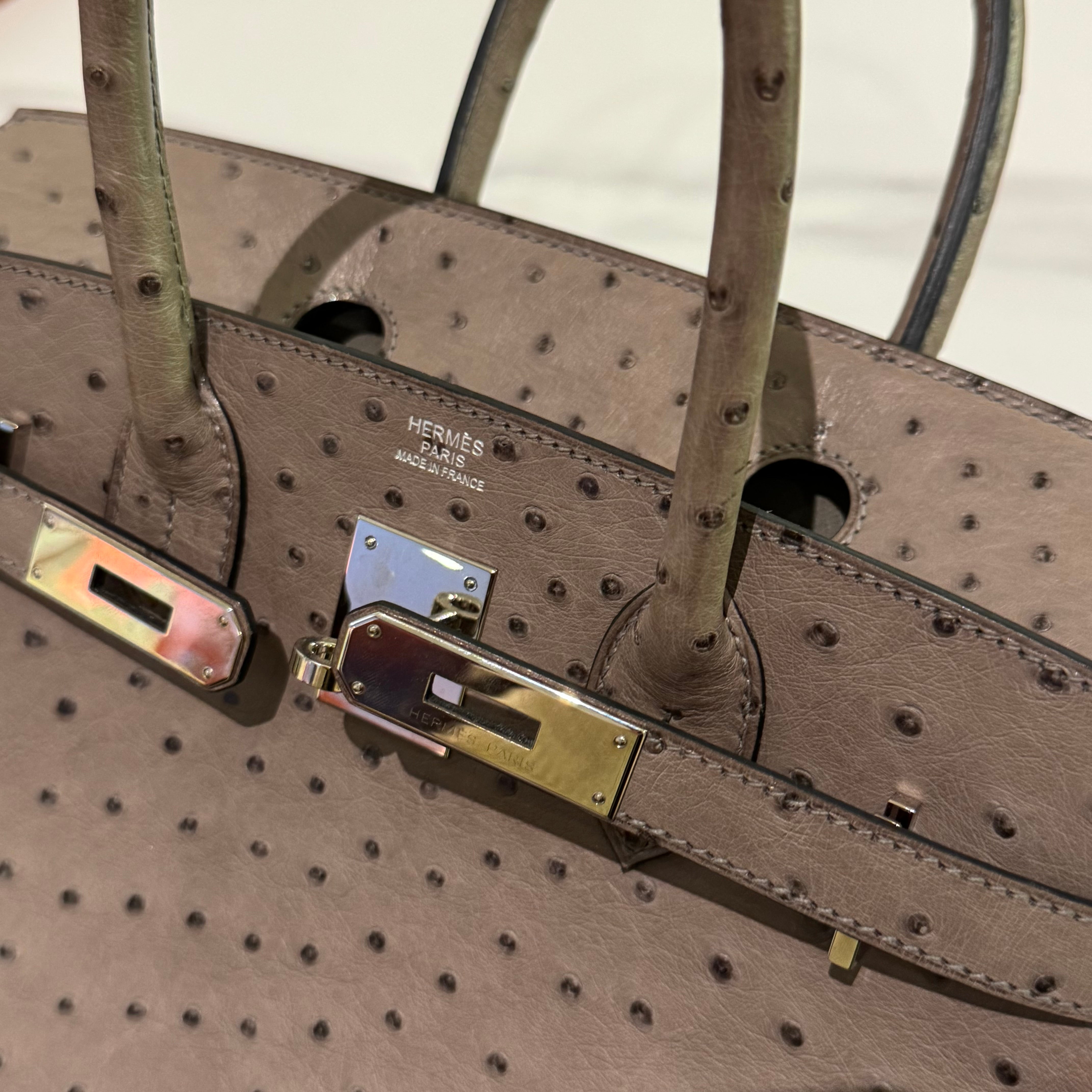 HERMÈS BIRKIN 30 OSTRICH LEATHER MOUSE GREY SILVER HARDWARE O STAMP