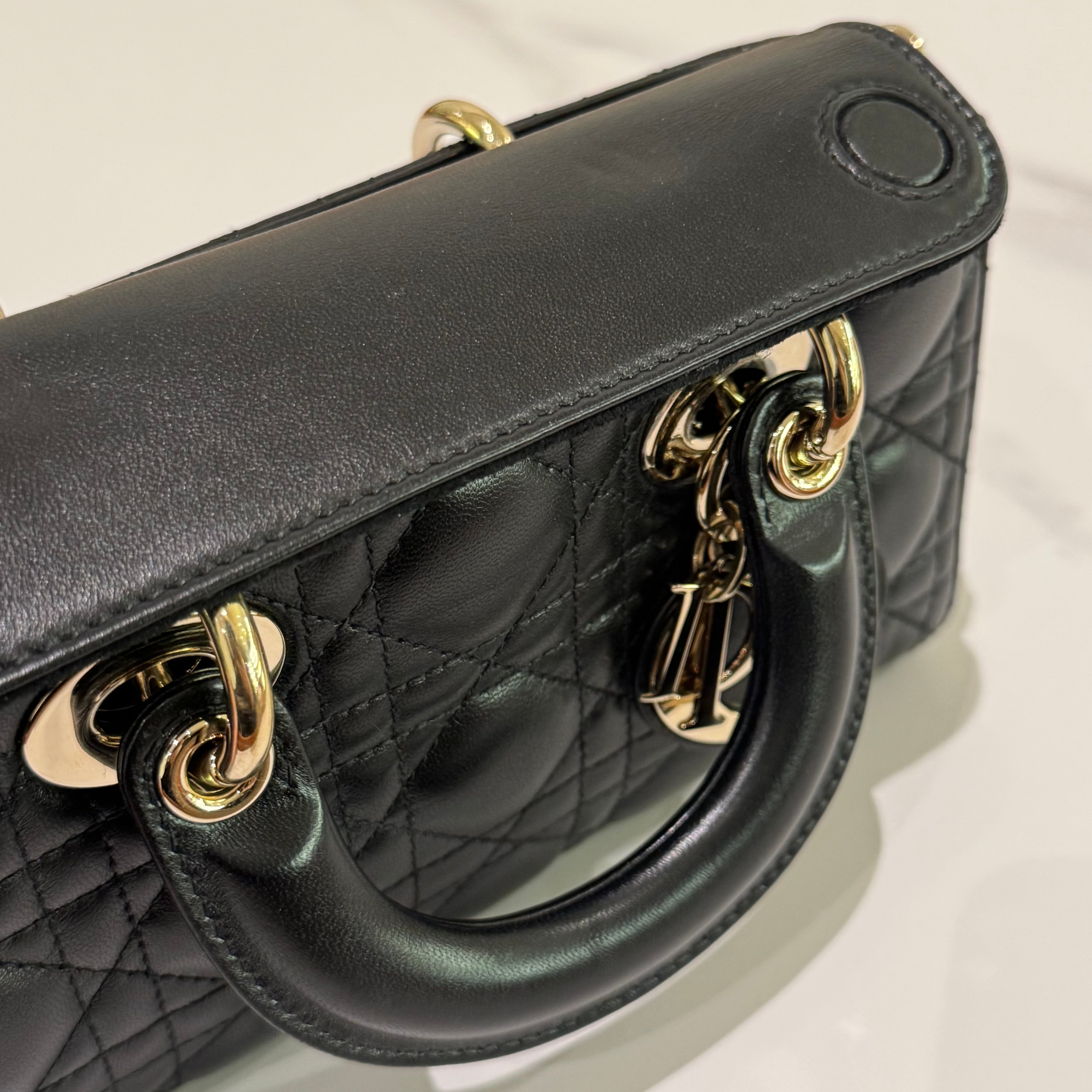 LADY DIOR HORIZONTAL SMALL BAG BLACK LAMBSKIN WITH GOLD HARDWARE