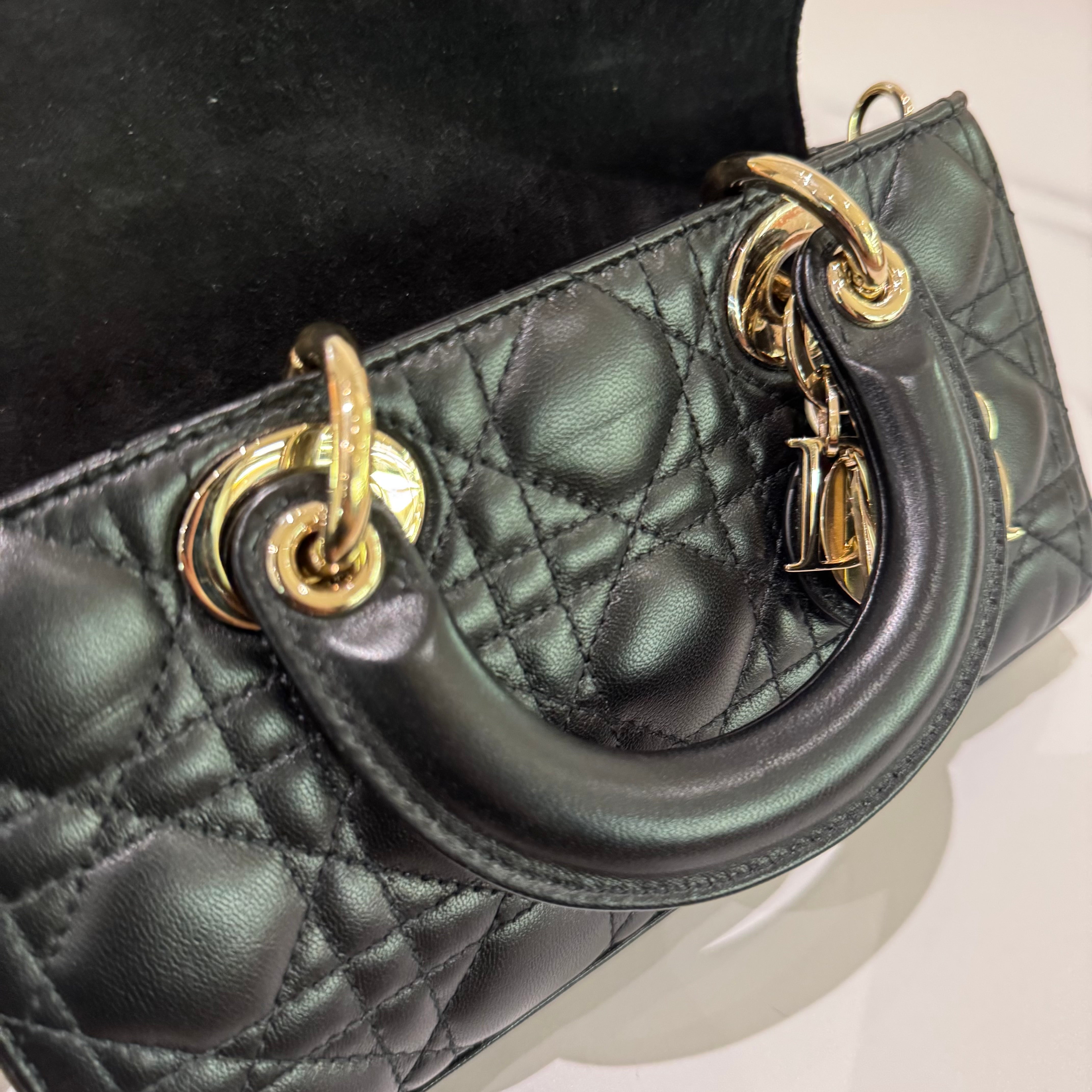 LADY DIOR HORIZONTAL SMALL BAG BLACK LAMBSKIN WITH GOLD HARDWARE
