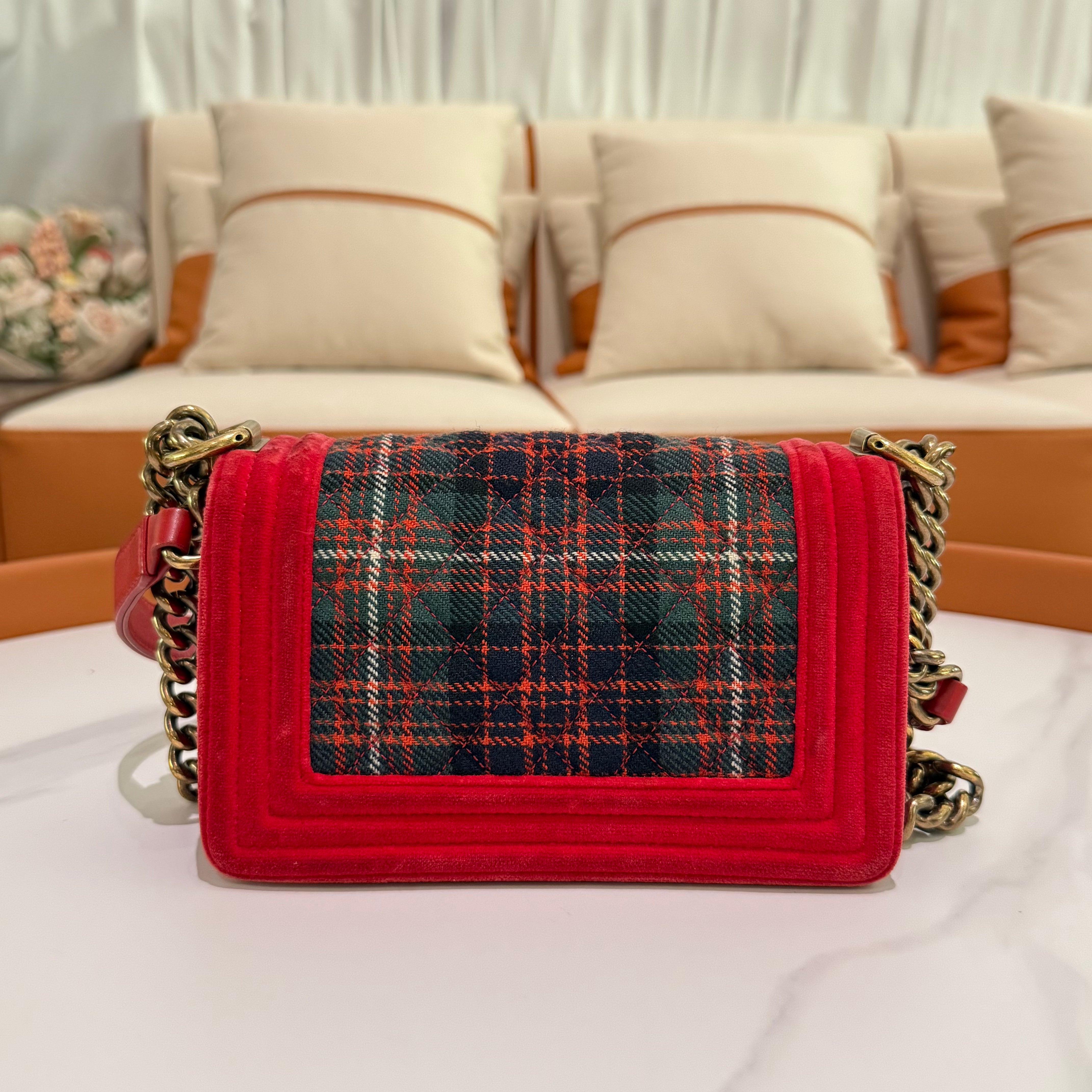 CHANEL SMALL RED VELVET & PLAID LEBOY BAG – EDINBURGH COLLECTION
