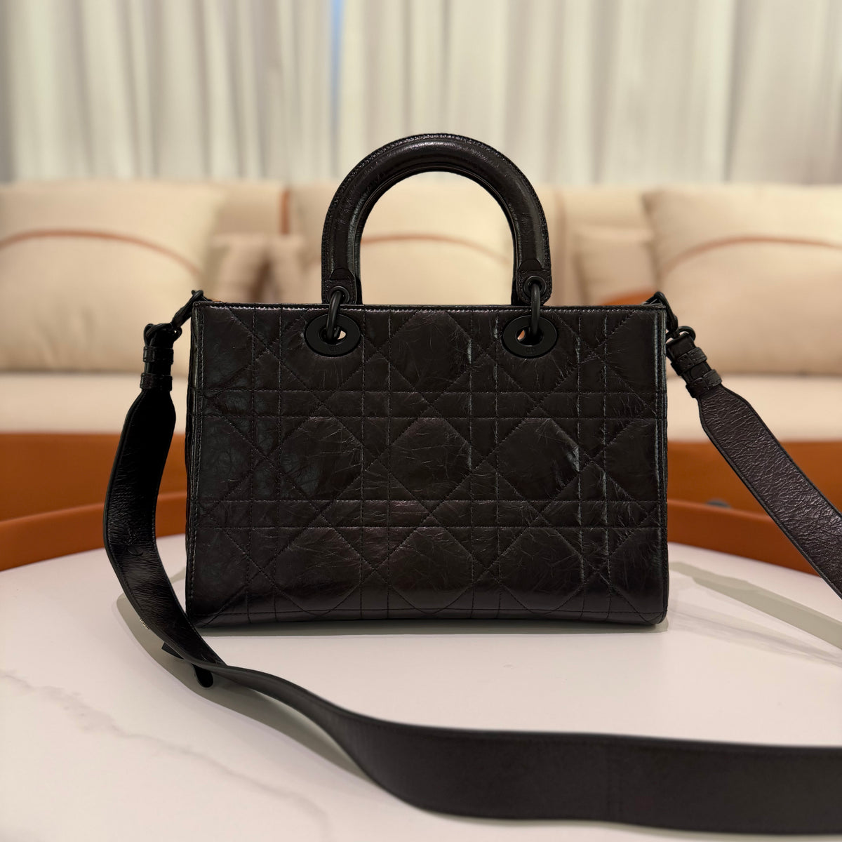 Dior Lady D-Sire Medium Black Macrocannage Crinkled Calfskin Bag | DIOR