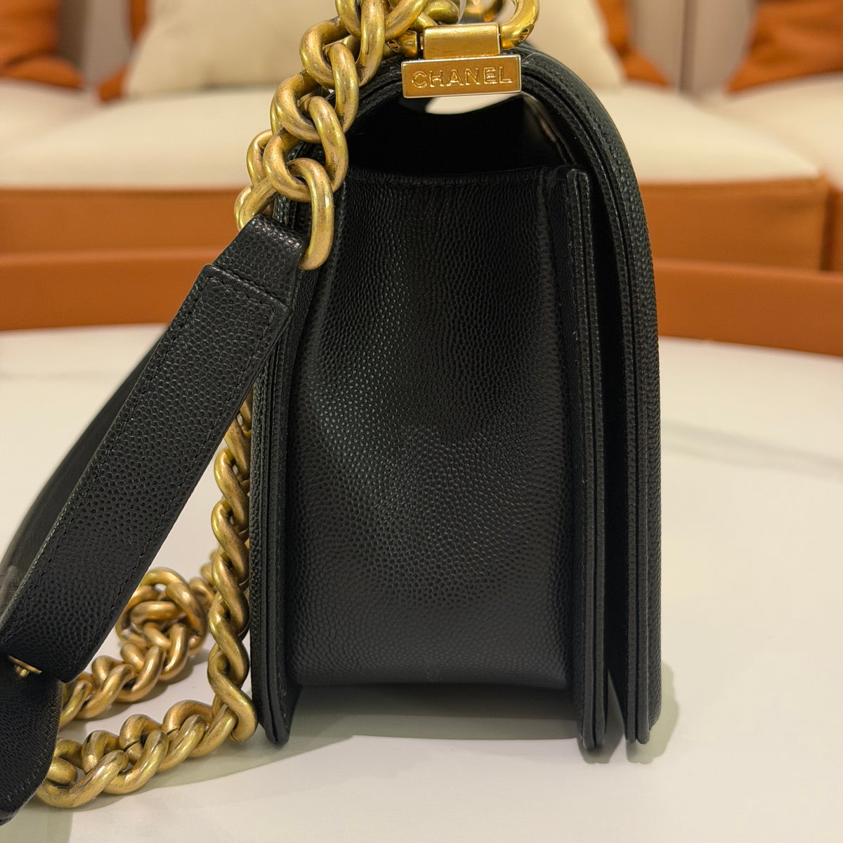 Chanel Boy Medium Black Caviar Leather with Gold Hardware (Chip Model) | CHANEL