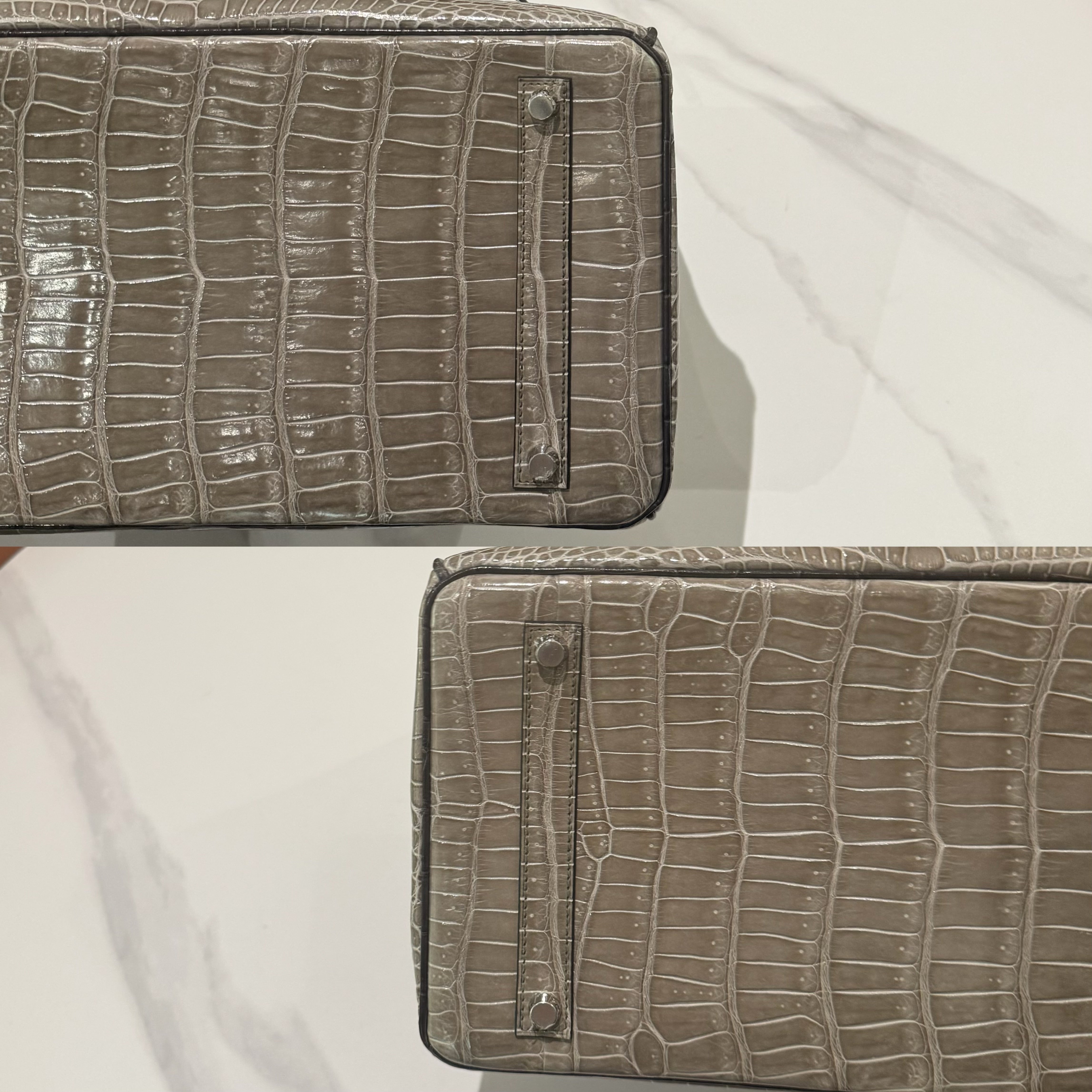 HERMÈS BIRKIN 35 GRIS TOURTERELLE CROCODILE POROSUS LISSE WITH BLACK HANDLE & PALLADIUM HARDWARE FULL STICKERS STAMP Y