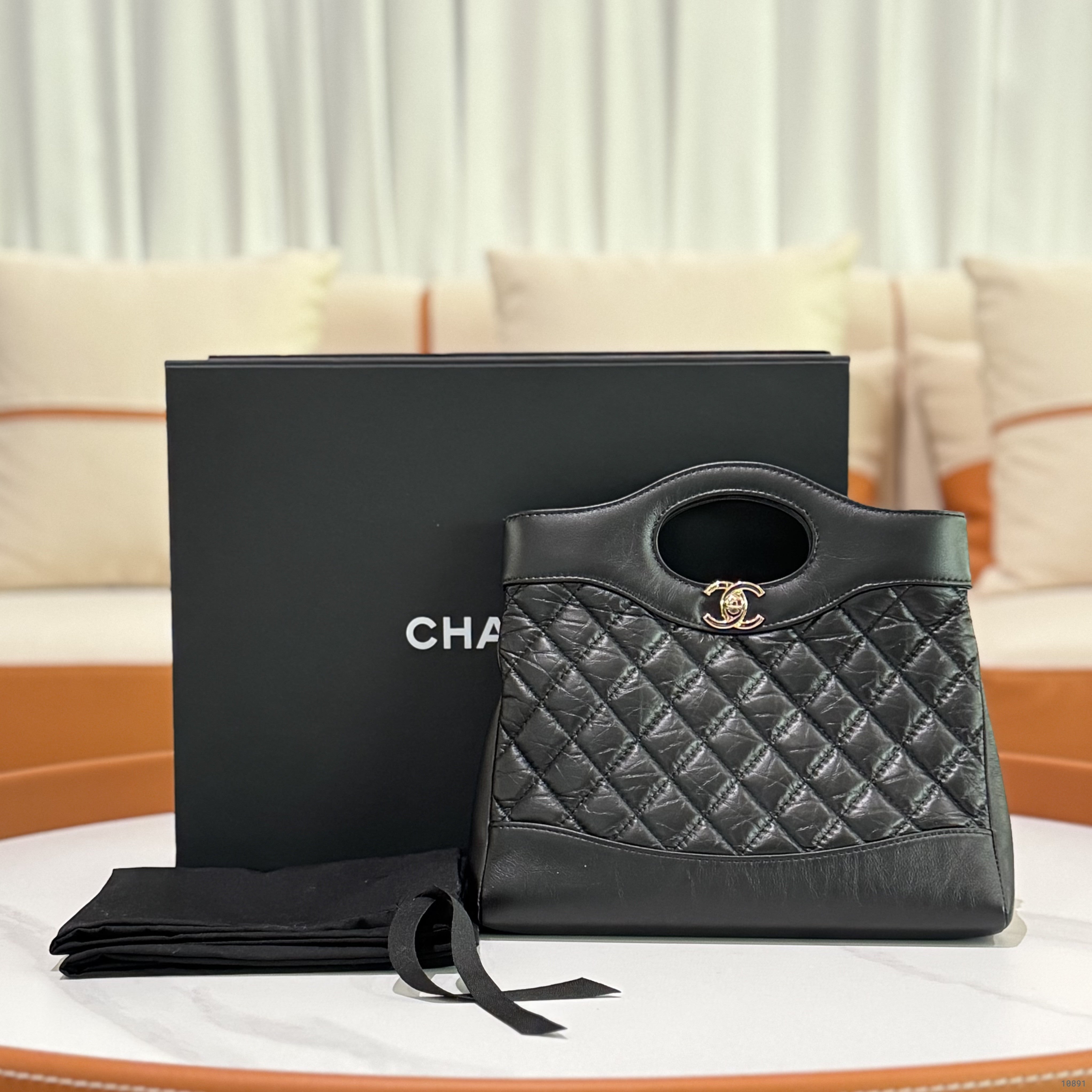 CHANEL 31 BAG 23A MINI WRINKLED CALFSKIN BLACK & GOLD HARDWARE CHIP MODEL