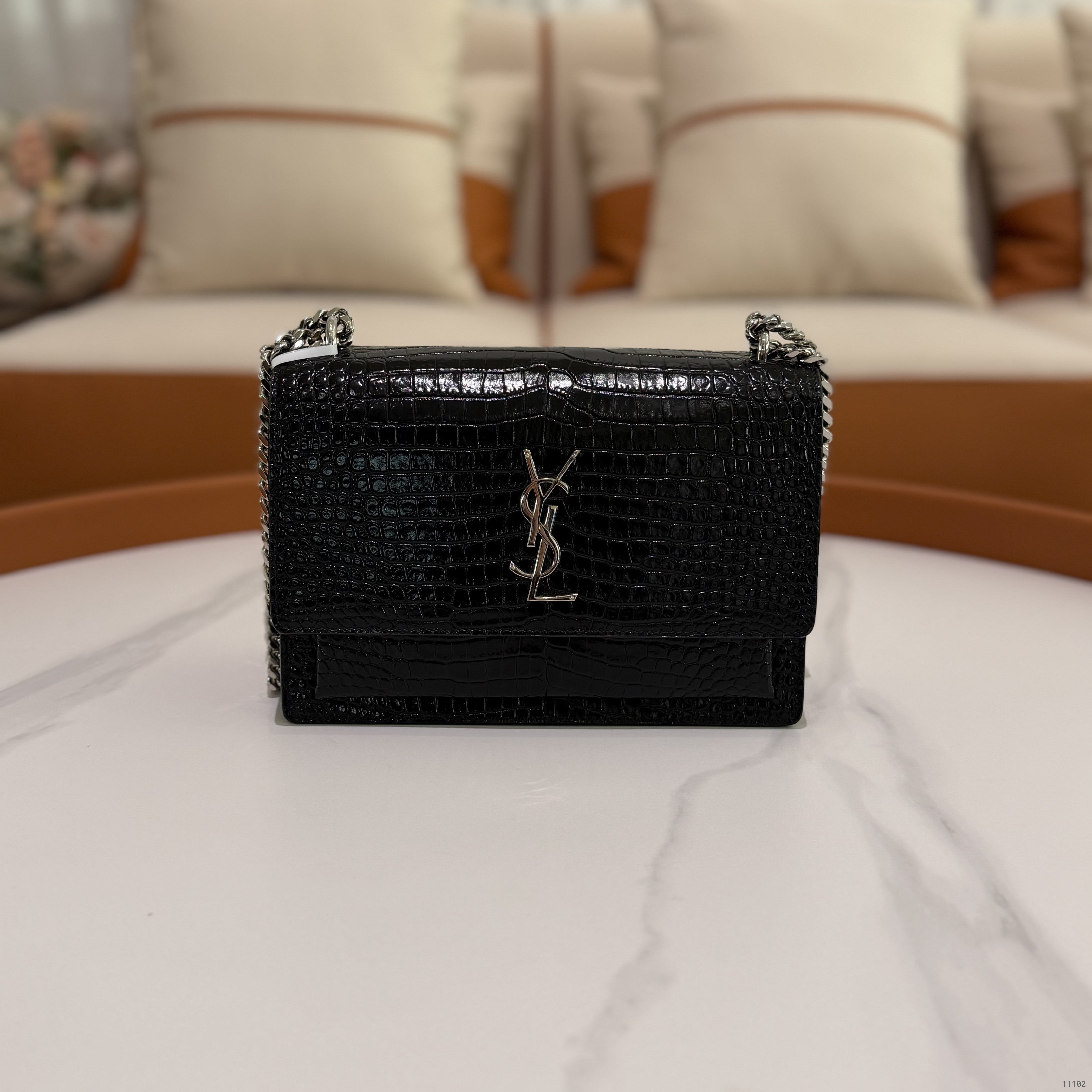 SAINT LAURENT SUNSET MEDIUM BLACK CROCODILE-EMBOSSED SHOULDER BAG