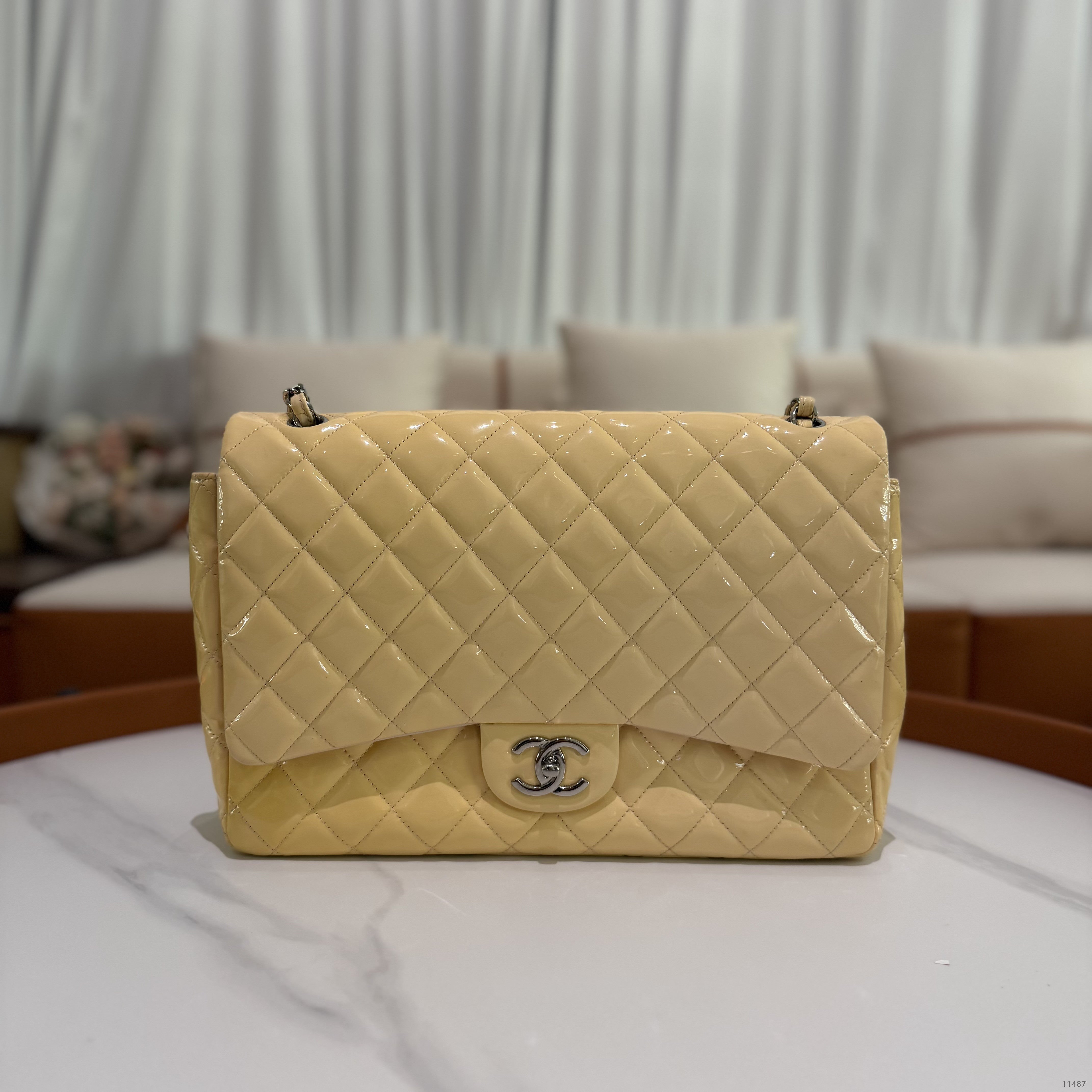Chanel Classic Flap Maxi Patent Leather Lemon Cream Yellow