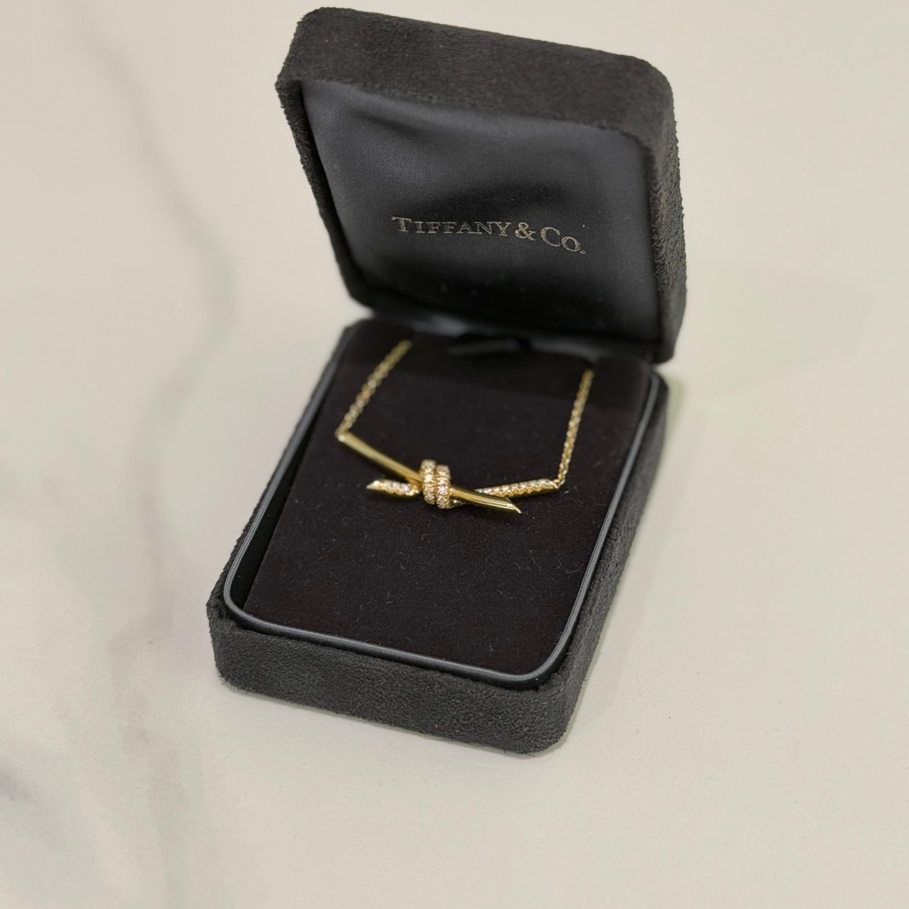Tiffany & Co. Knot 18K Gold Single-Row Diamond Double-Ring Pendant Necklace
