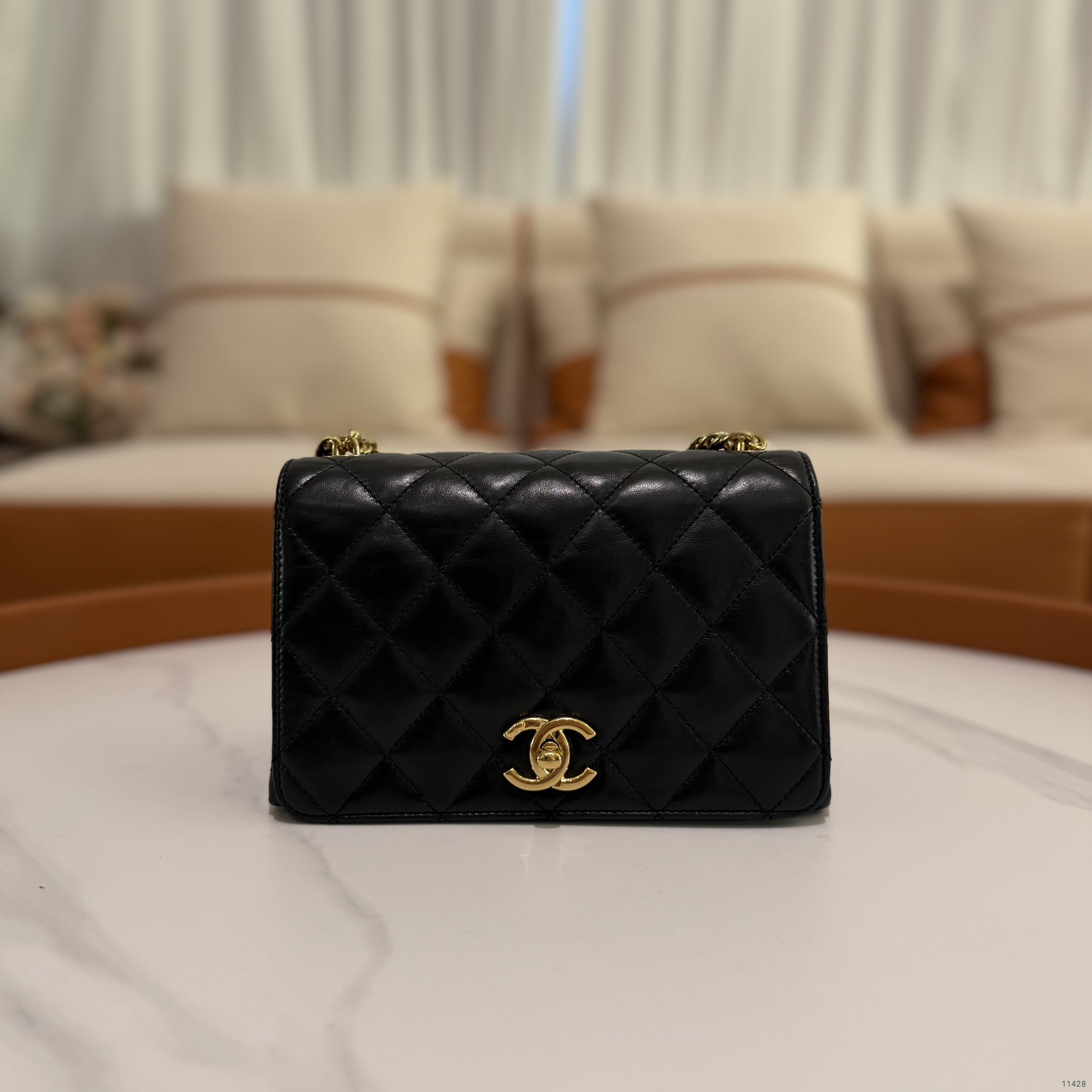 Chanel Black Enamel Chain Shoulder Bag with Gold Hardware (Chip Model)