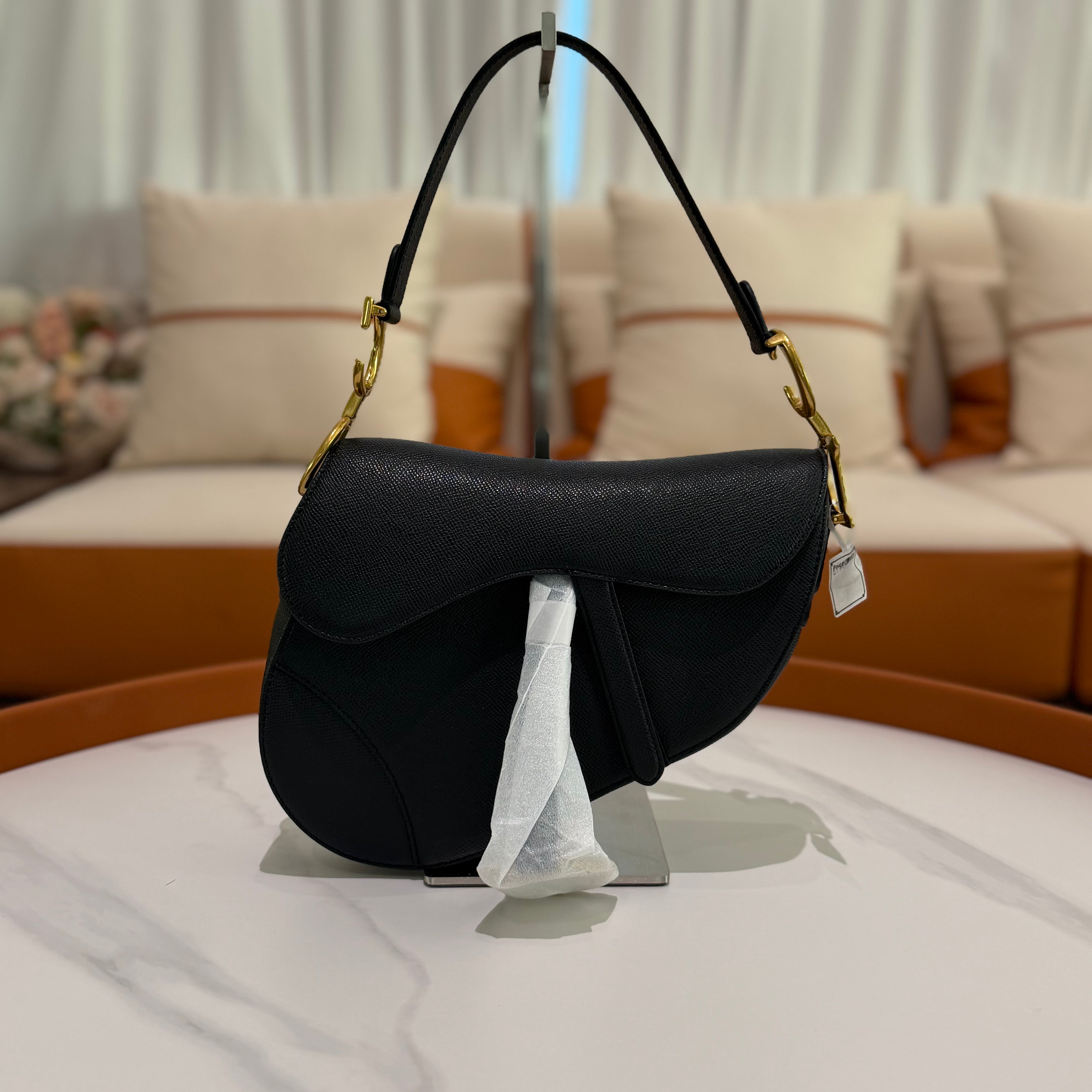 Dior Saddle Medium Black Grained Leather with Gold Hardware Top Handle & Shoulder Bag