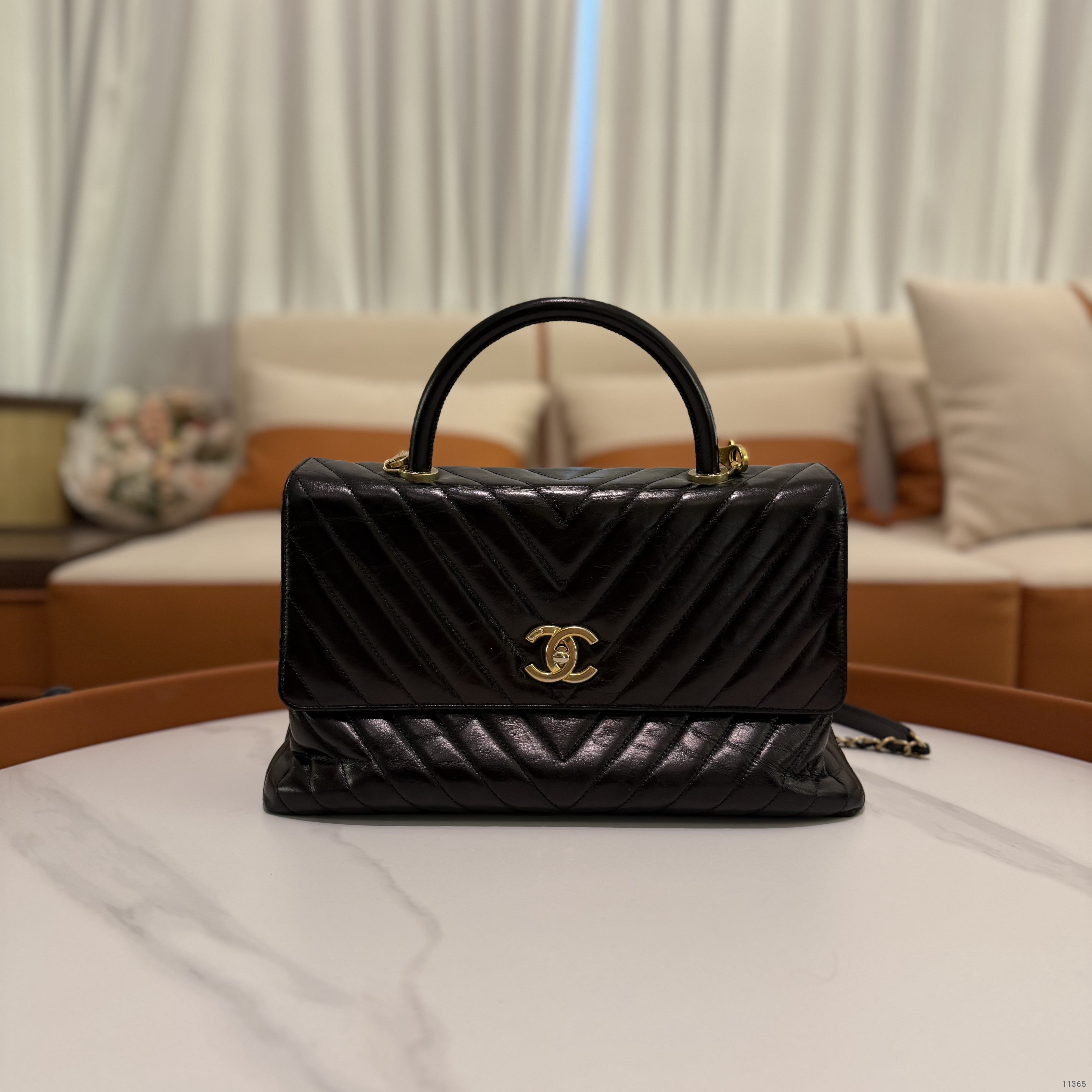 Chanel Coco Handle Medium Black Calfskin V-Quilted with Gold Hardware