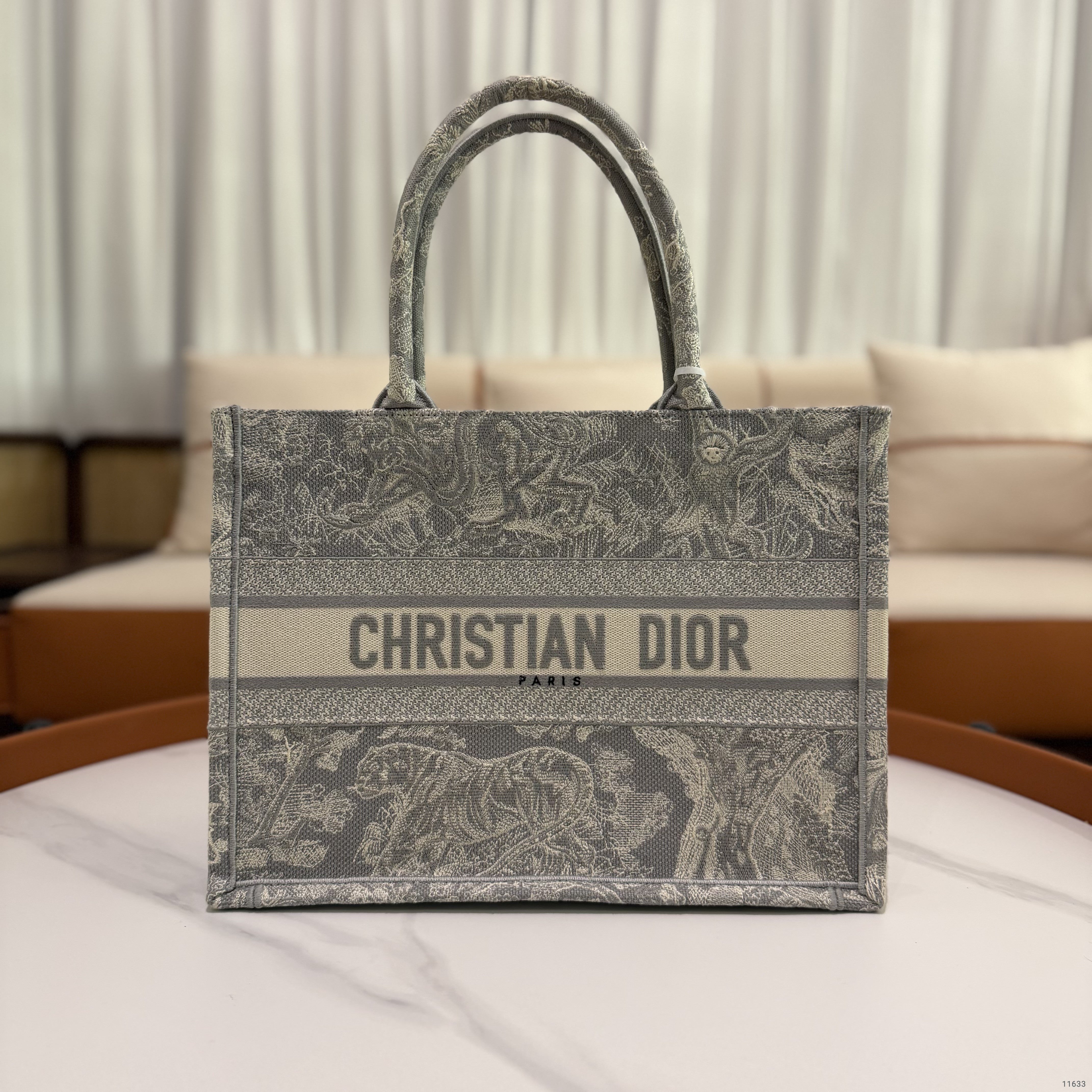 Dior Tote Grey Zoo Embroidery Medium