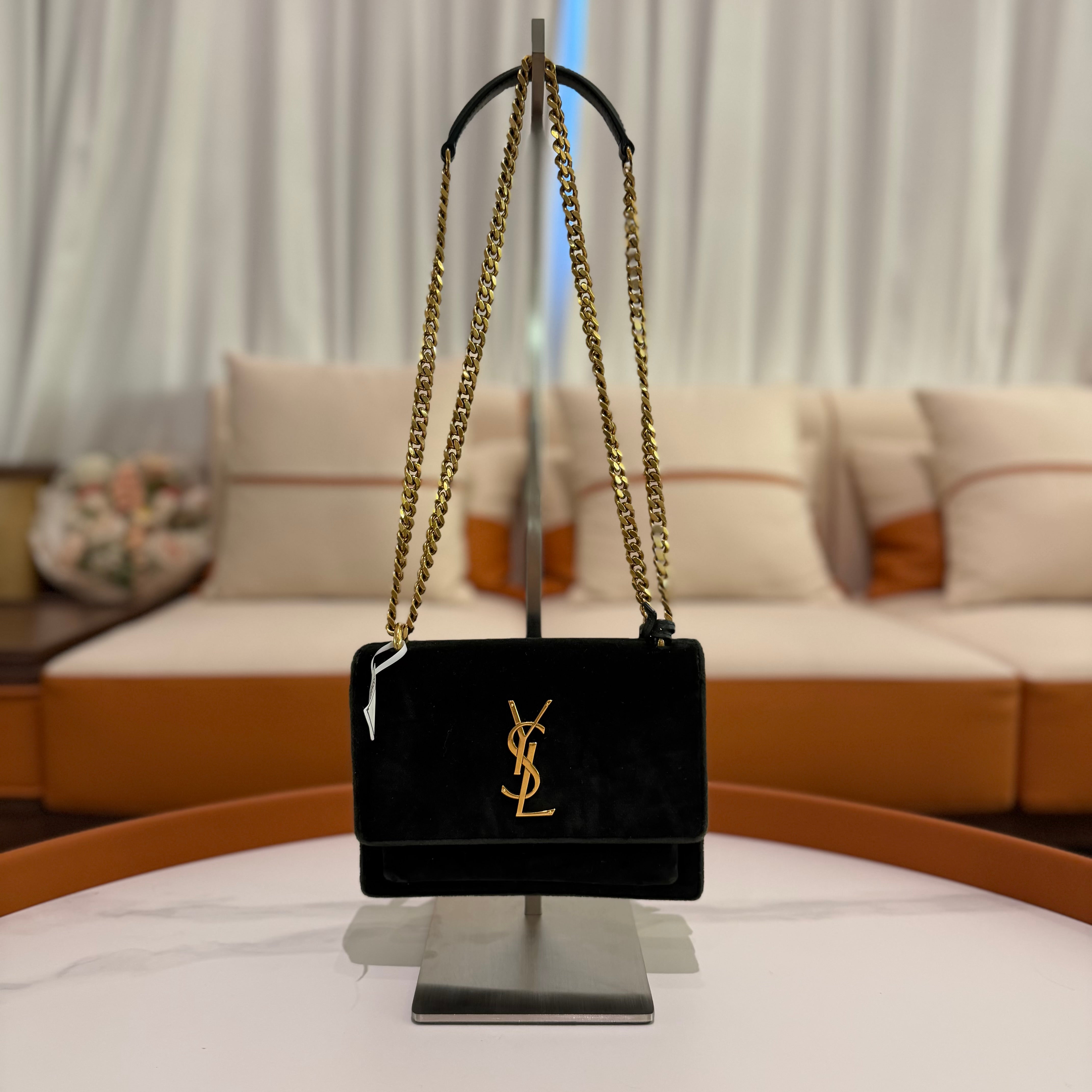 Saint Laurent Sunset Black Velvet Chain Shoulder Bag