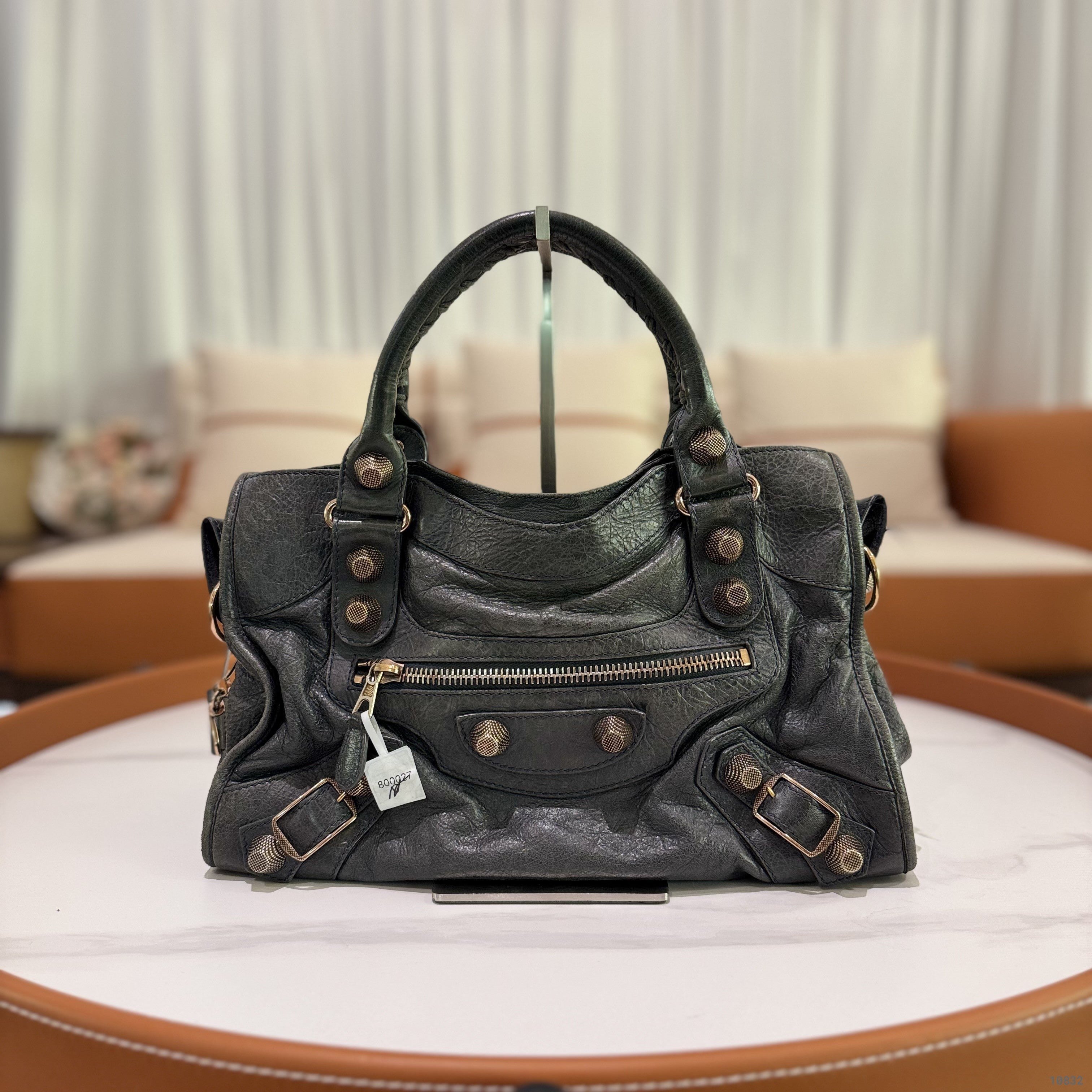 BALENCIAGA CITY BAG SMOKY GREY STUDDED MOTORCYCLE BAG