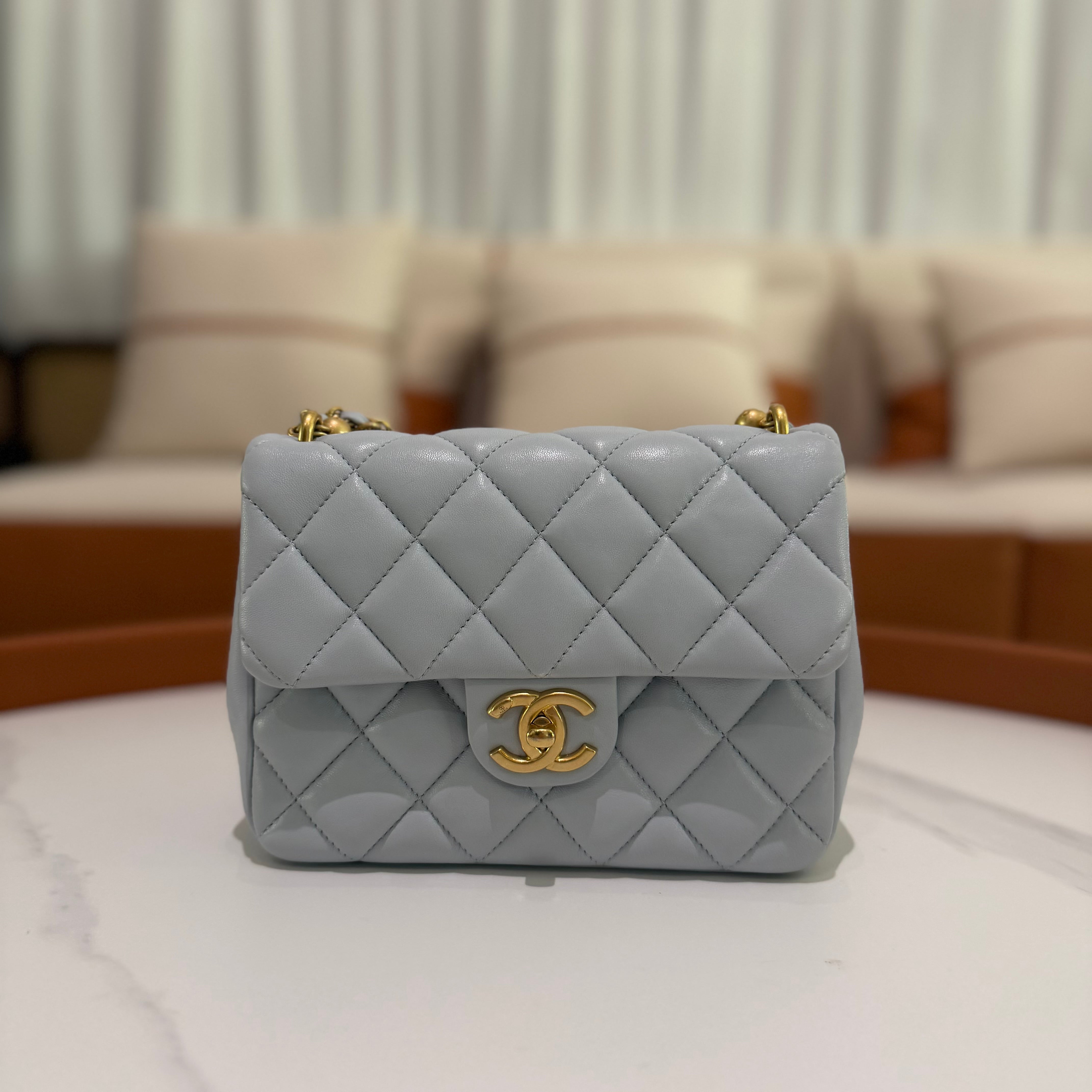 Chanel 24P Light Blue Mini Flap Bag with Pearl Chain and Gold Hardware (Chip Model)