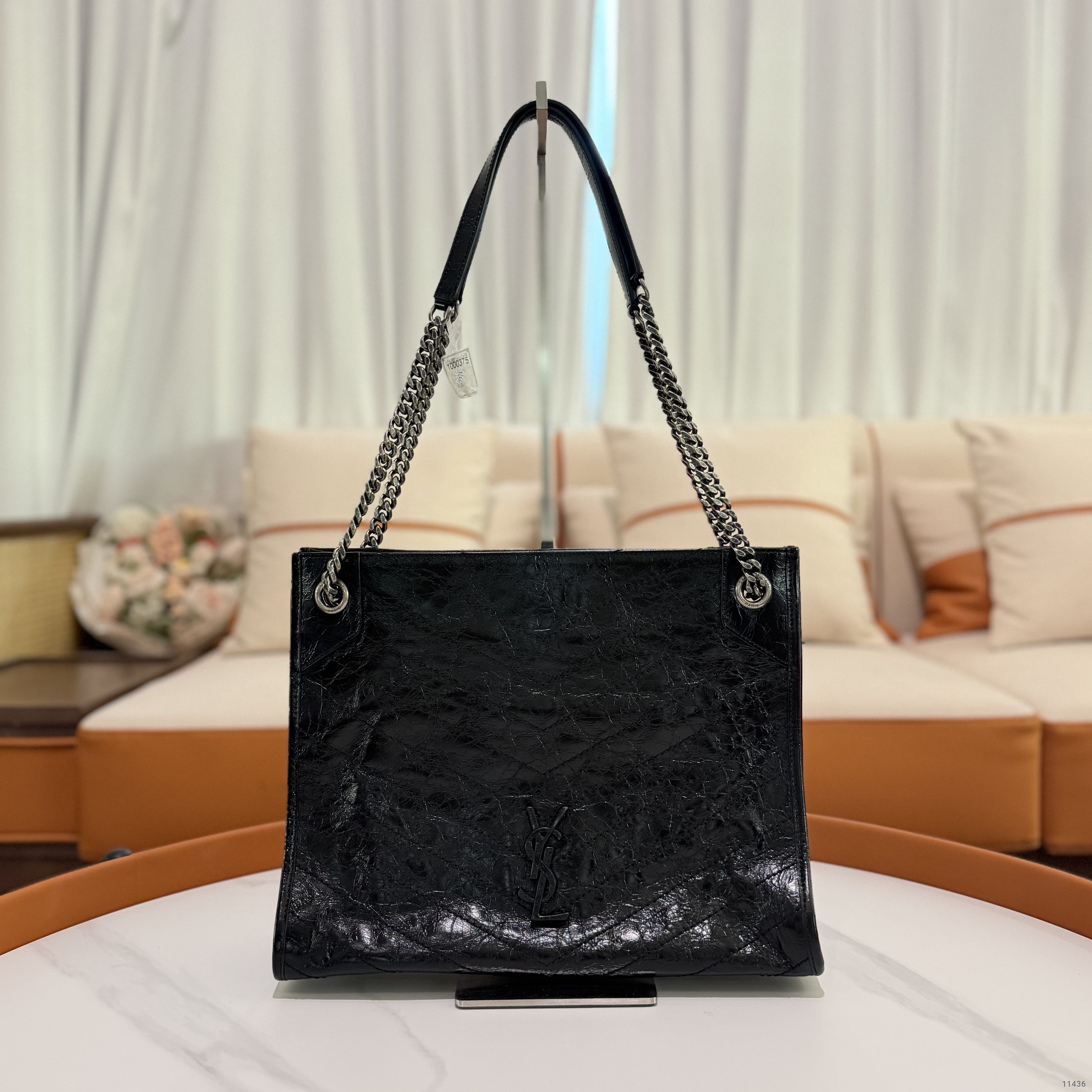 Saint Laurent Niki Shopping Bag Black Crinkled Leather with Silver Chain