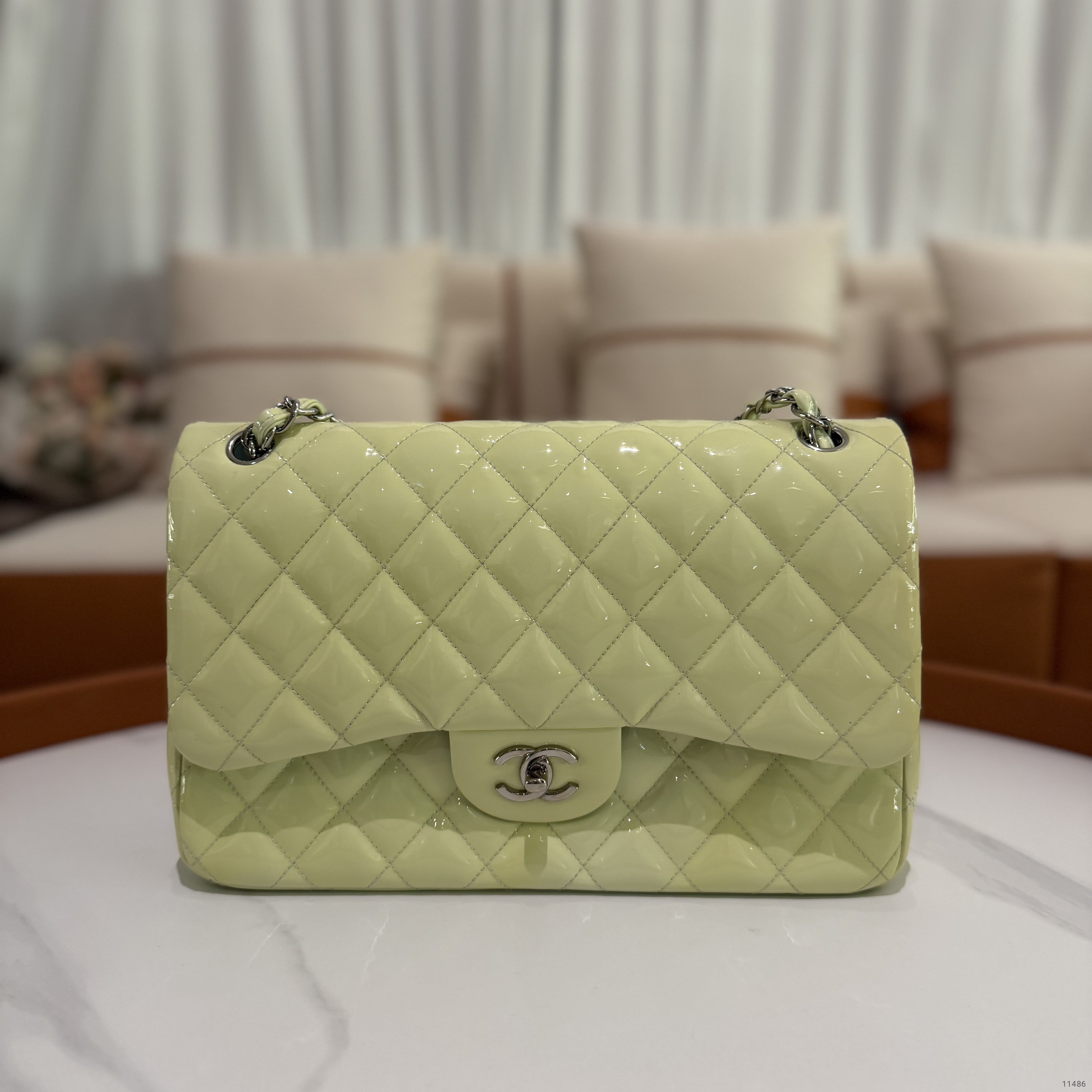 Chanel Classic Flap Jumbo Patent Leather Cream Yellow-Green