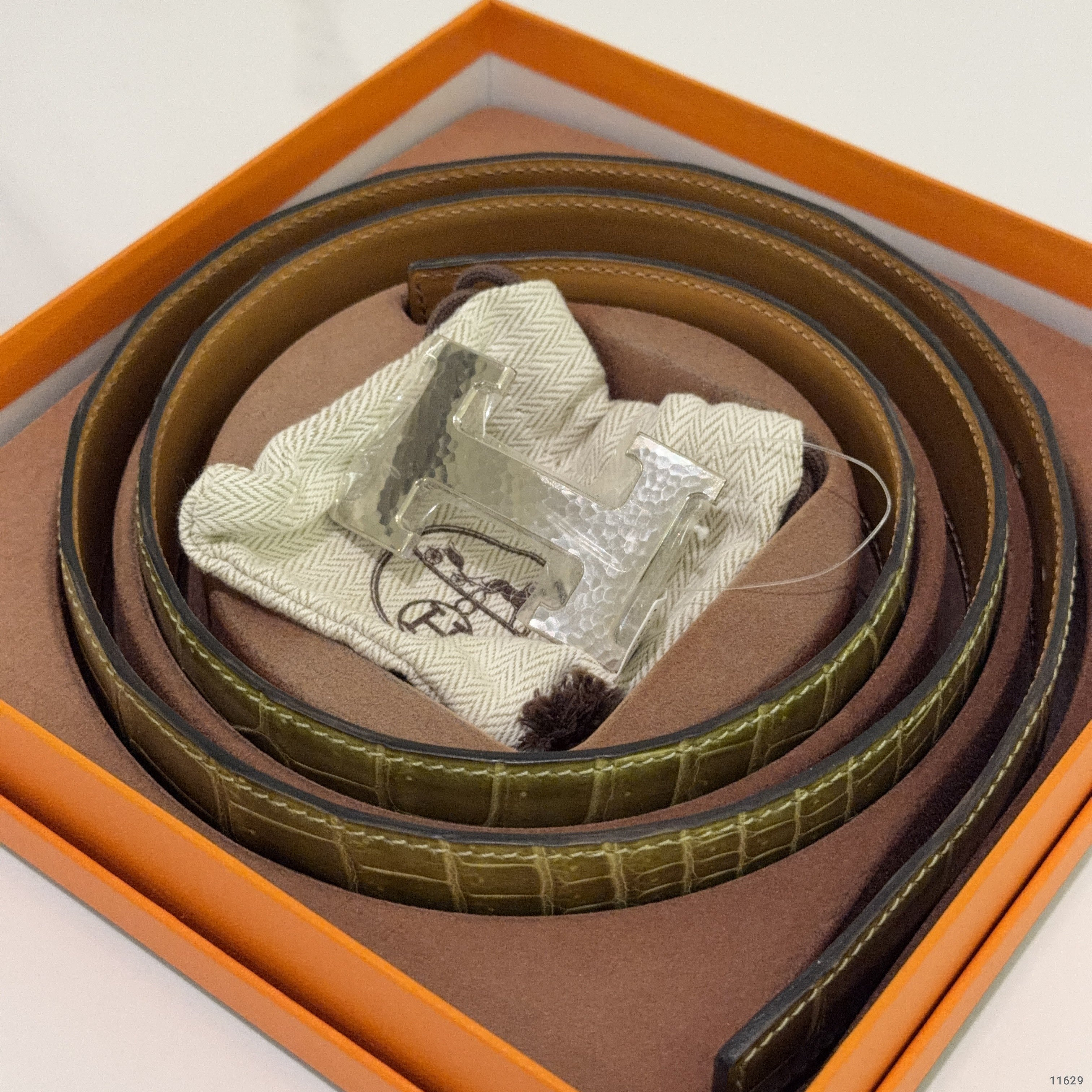 Hermes Crocodile Leather Belt Olive Green (Stamp M)