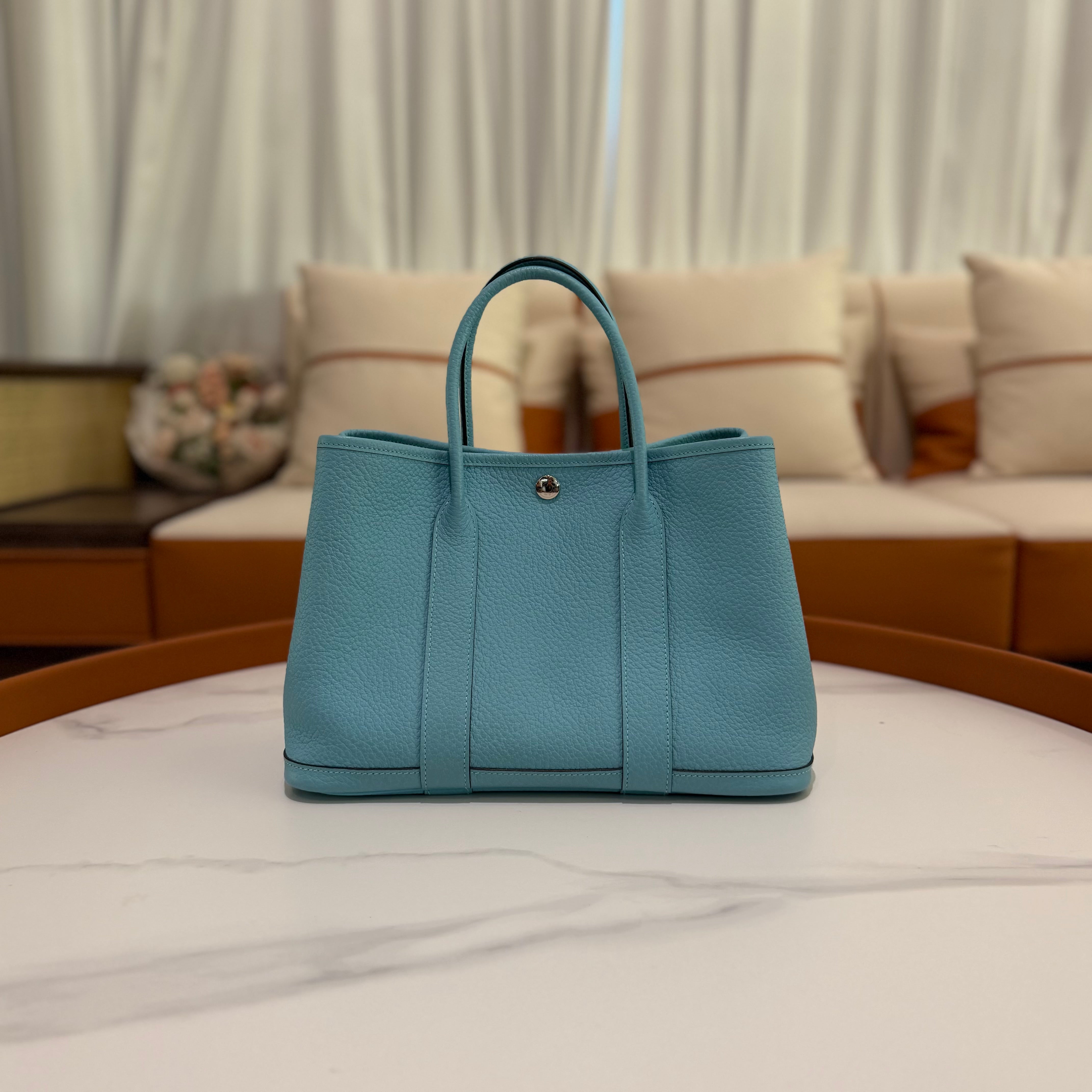 Hermes Garden Party 30 Macaron Blue Silver Hardware T Stamp