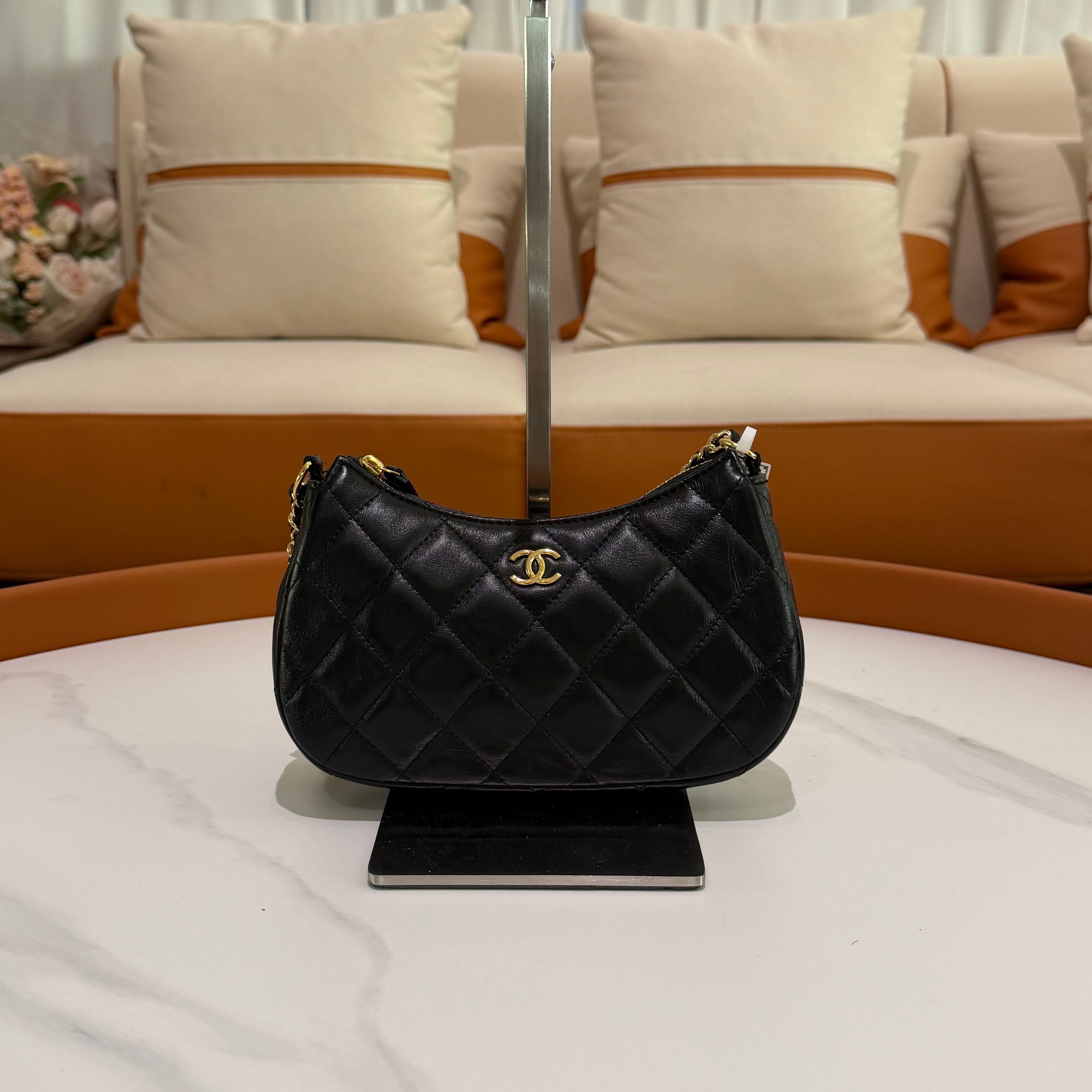 Chanel Hobo Black with Gold Heart Enamel Chain Shoulder Bag