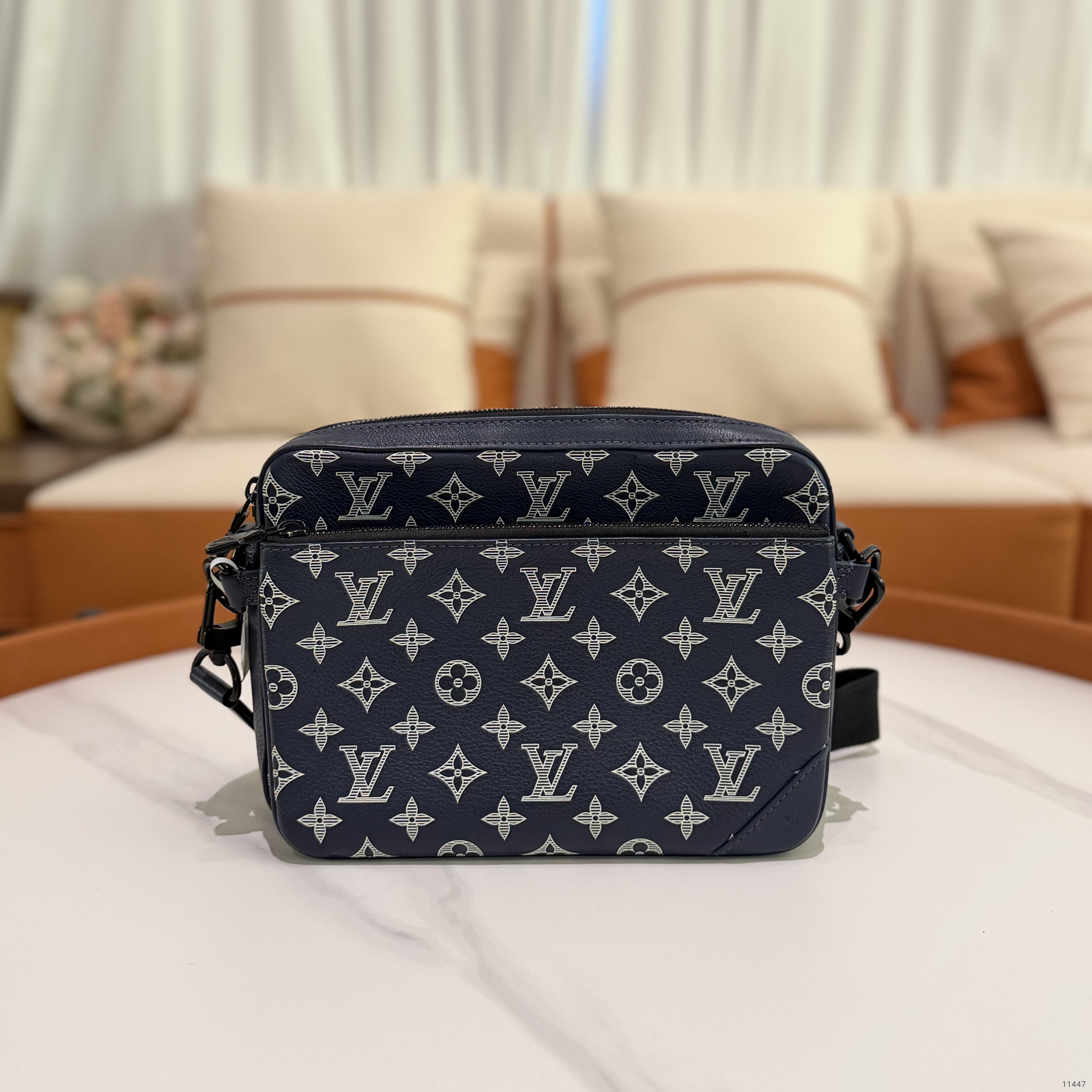 Louis Vuitton Trio Navy Blue & White Embossed Messenger Bag (Missing Coin Pouch)