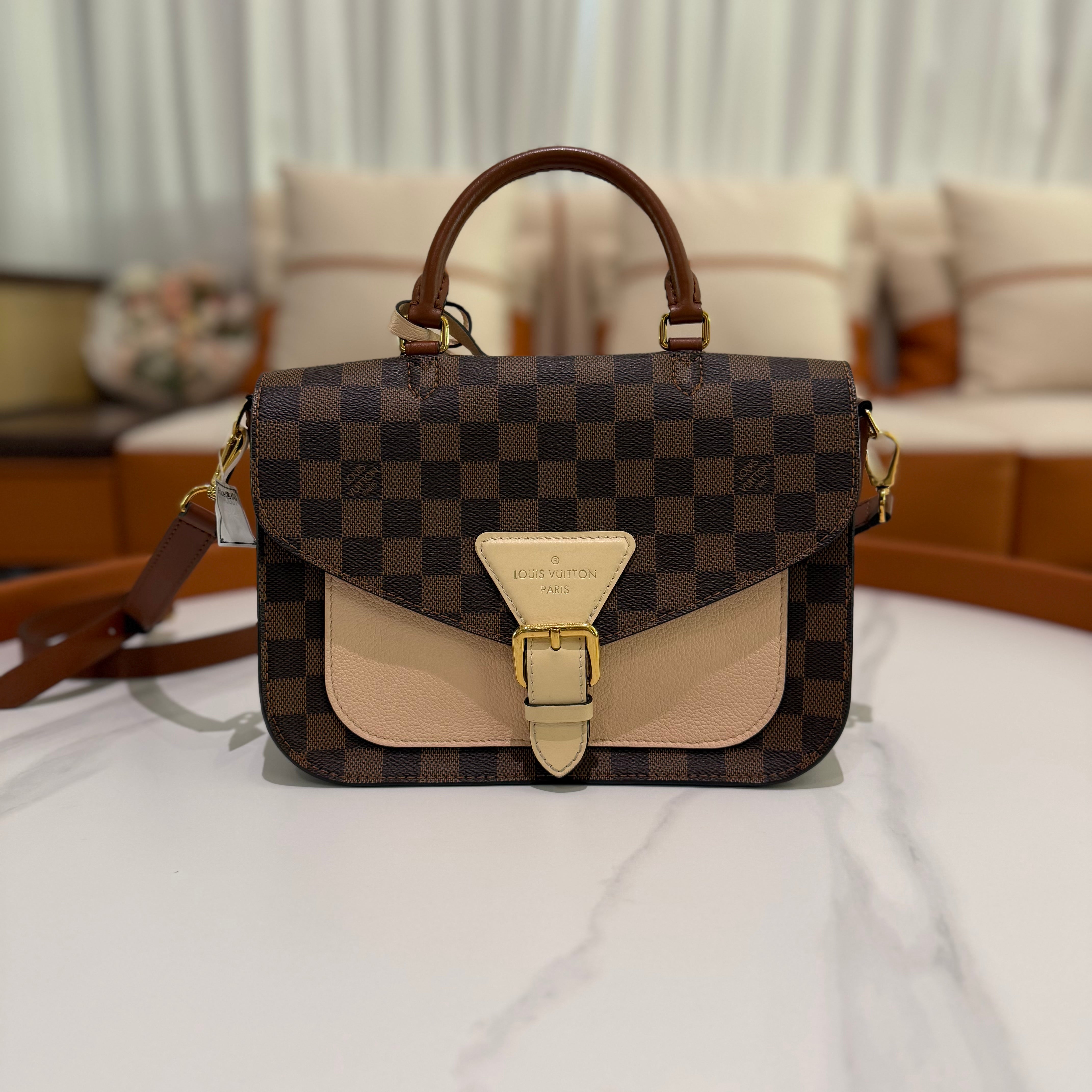 LOUIS VUITTON BEAUMARCHAIS CLASSIC DAMIER EBENE LEATHER TOP HANDLE SHOULDER BAG